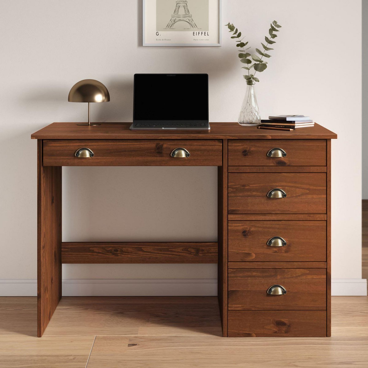 IDIMEX Bureau LANA avec 5 tiroirs en pin massif