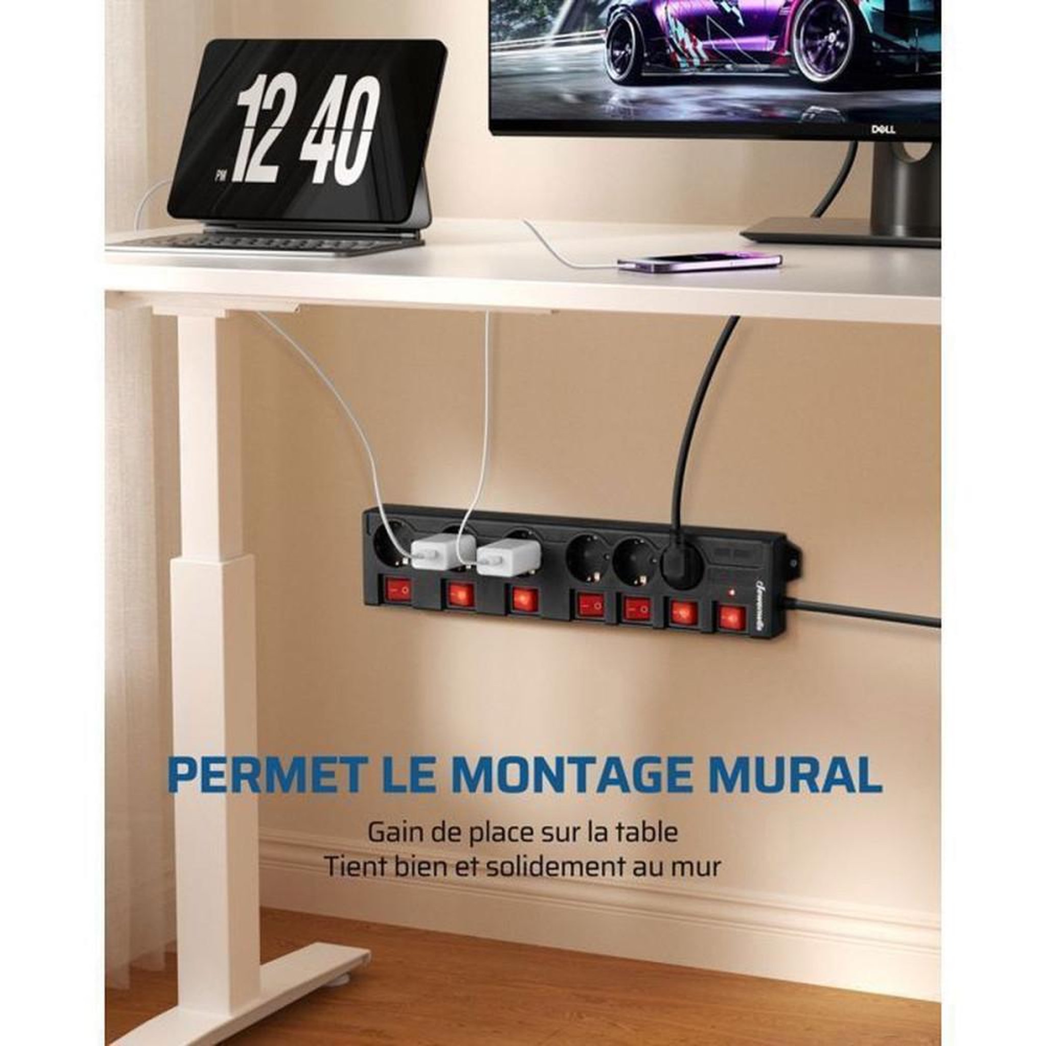 Voir la diapositive 6 : Multiprise électrique 6 prises 16 A 3680 W avec parafoudre, 5 m de câble, interrupteurs bipolaires individuels à voyants LED, montage mural ou sur bureau, noire