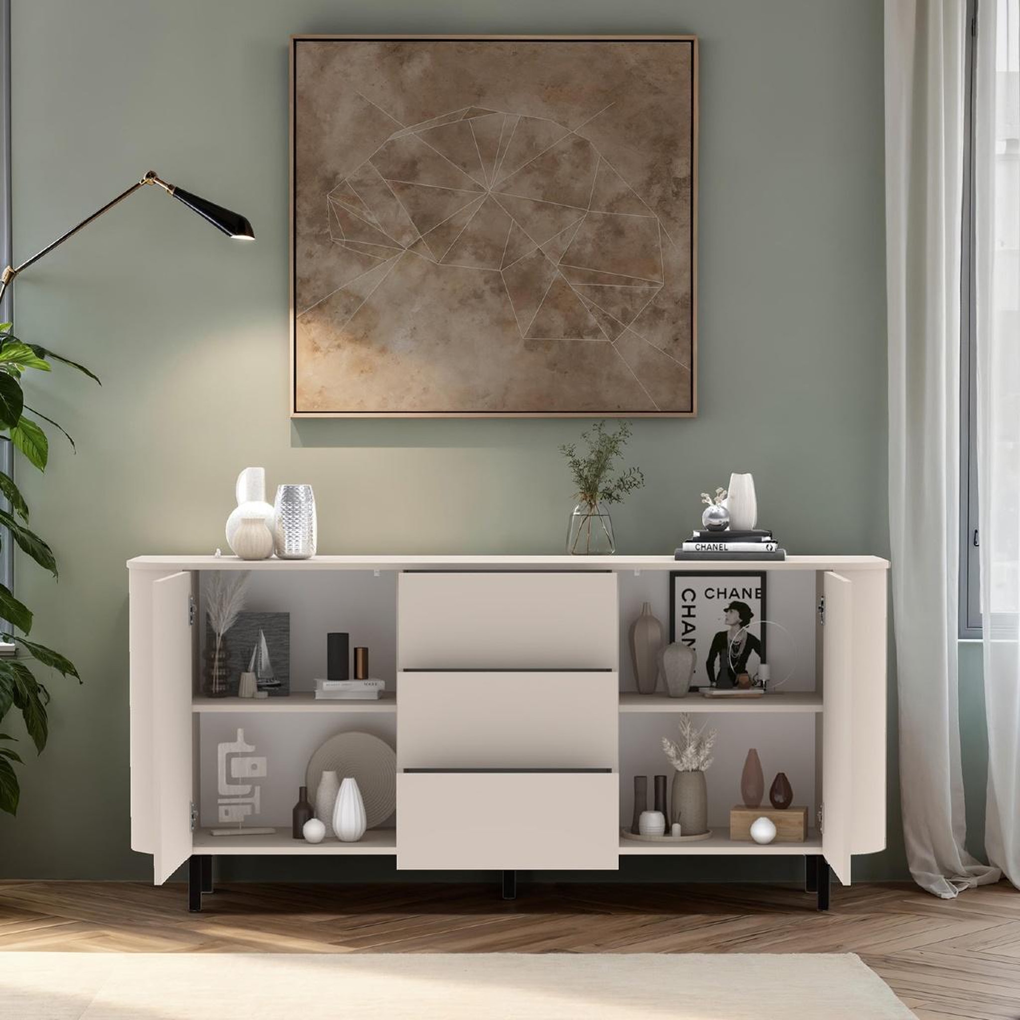 Voir la diapositive 4 : JLC KREATION Buffet moderne arrondi beige 2 portes-3 tiroirs 180cm olga