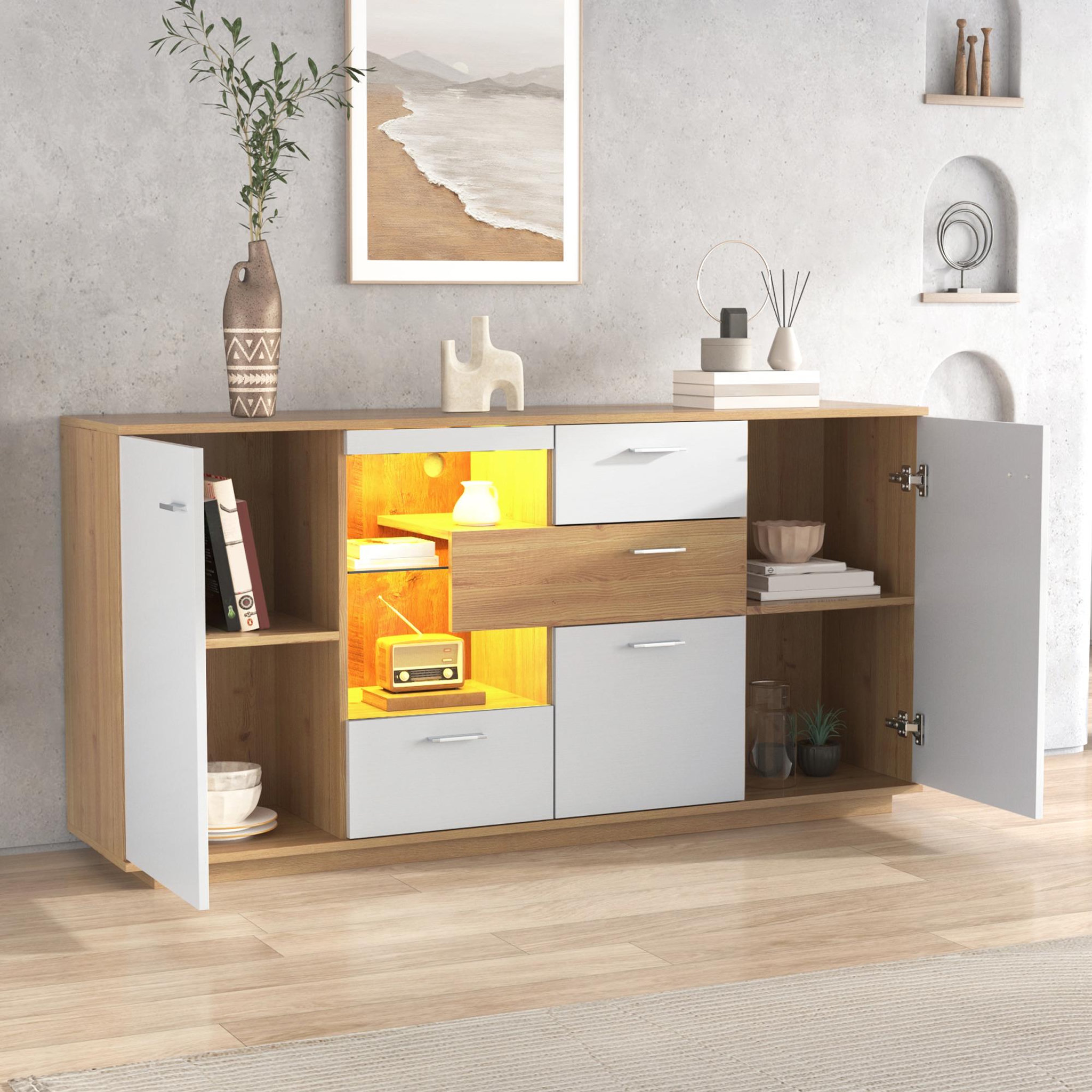 Voir la diapositive 5 : MERAX Buffet 2 porte(s) 4 tiroir(s) - 160 cm naturel+blanc led mdf