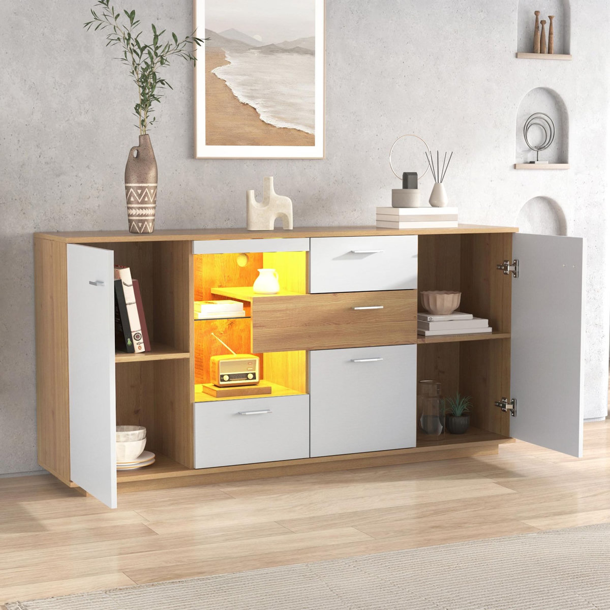 MERAX Buffet 2 porte(s) 4 tiroir(s) - 160 cm naturel+blanc led mdf