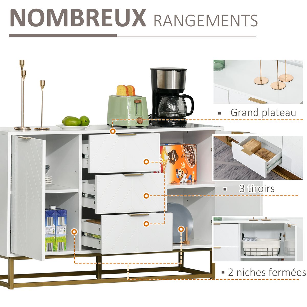 HOMCOM Buffet design contemporain graphique 2 placards porte étagères réglables 3 tiroirs coulissants MDF blanc métal doré