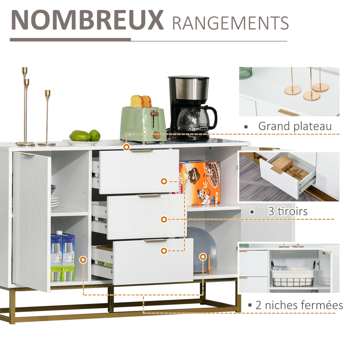 HOMCOM Buffet design contemporain graphique 2 placards porte étagères réglables 3 tiroirs coulissants MDF blanc métal doré