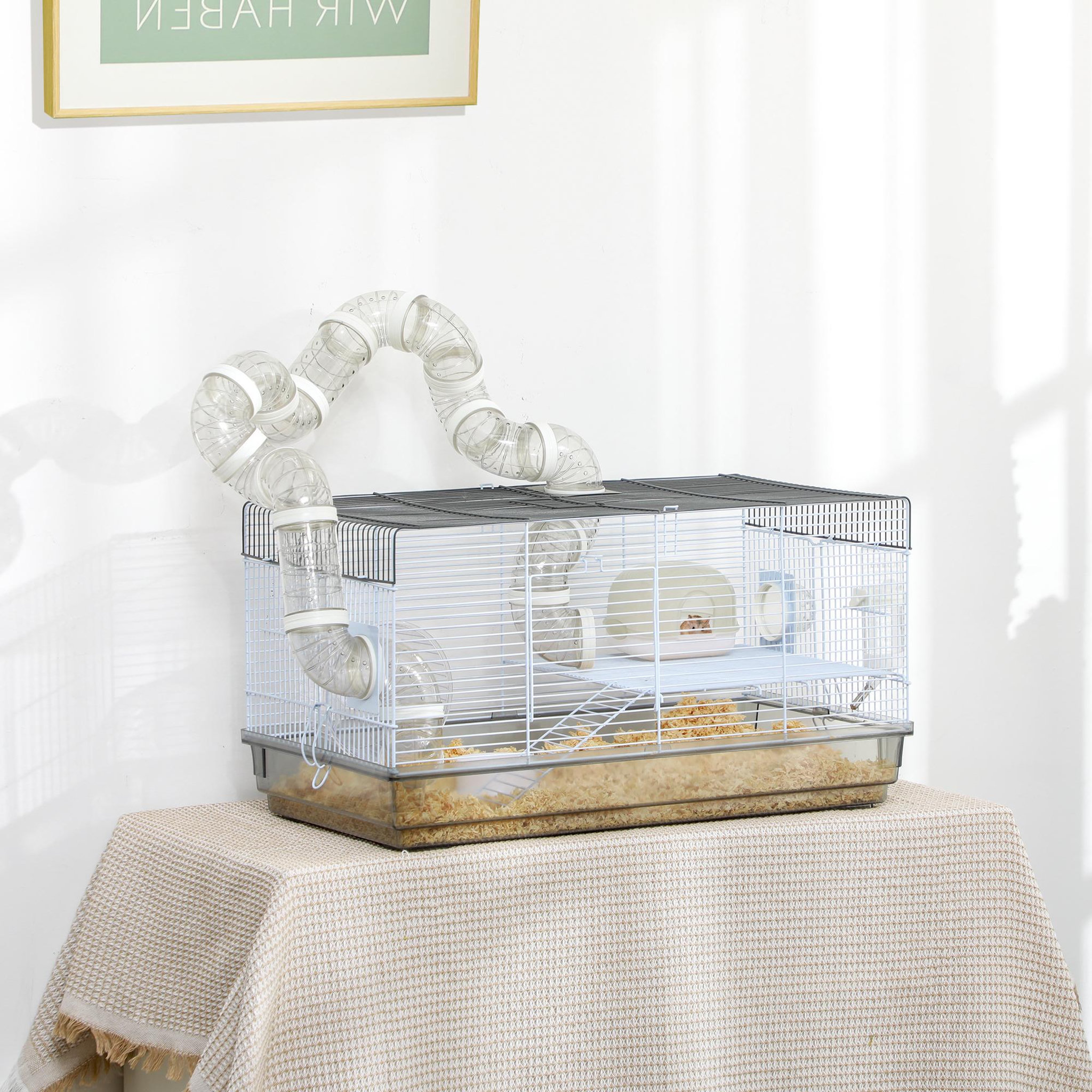 Voir la diapositive 2 : PAWHUT Cage rongeur hamster - tunnel, poignée, accessoires - plastique acier gris blanc