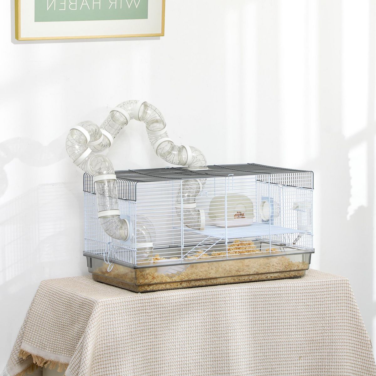 PAWHUT Cage rongeur hamster - tunnel, poignée, accessoires - plastique acier gris blanc