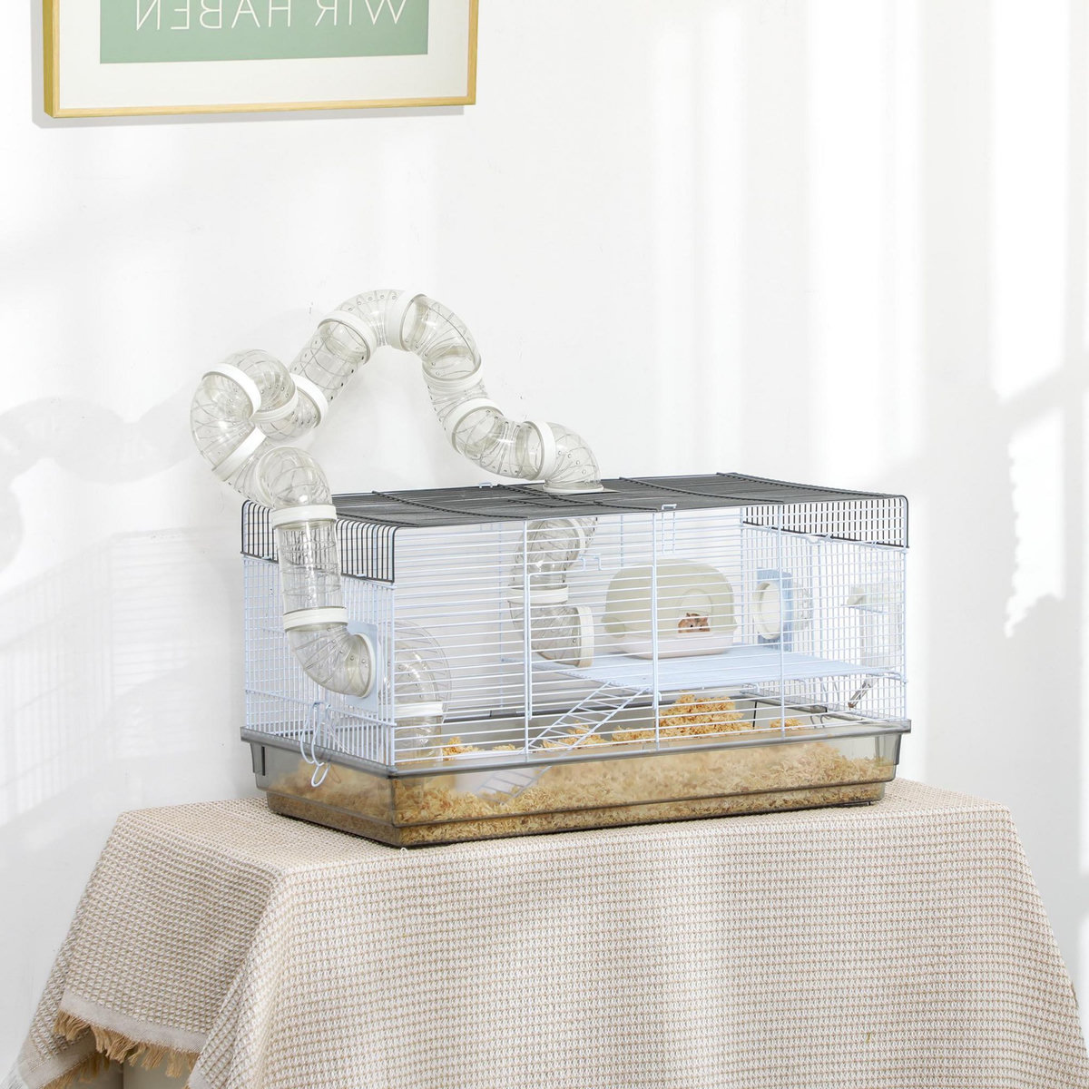 PAWHUT Cage rongeur hamster - tunnel, poignée, accessoires - plastique acier gris blanc