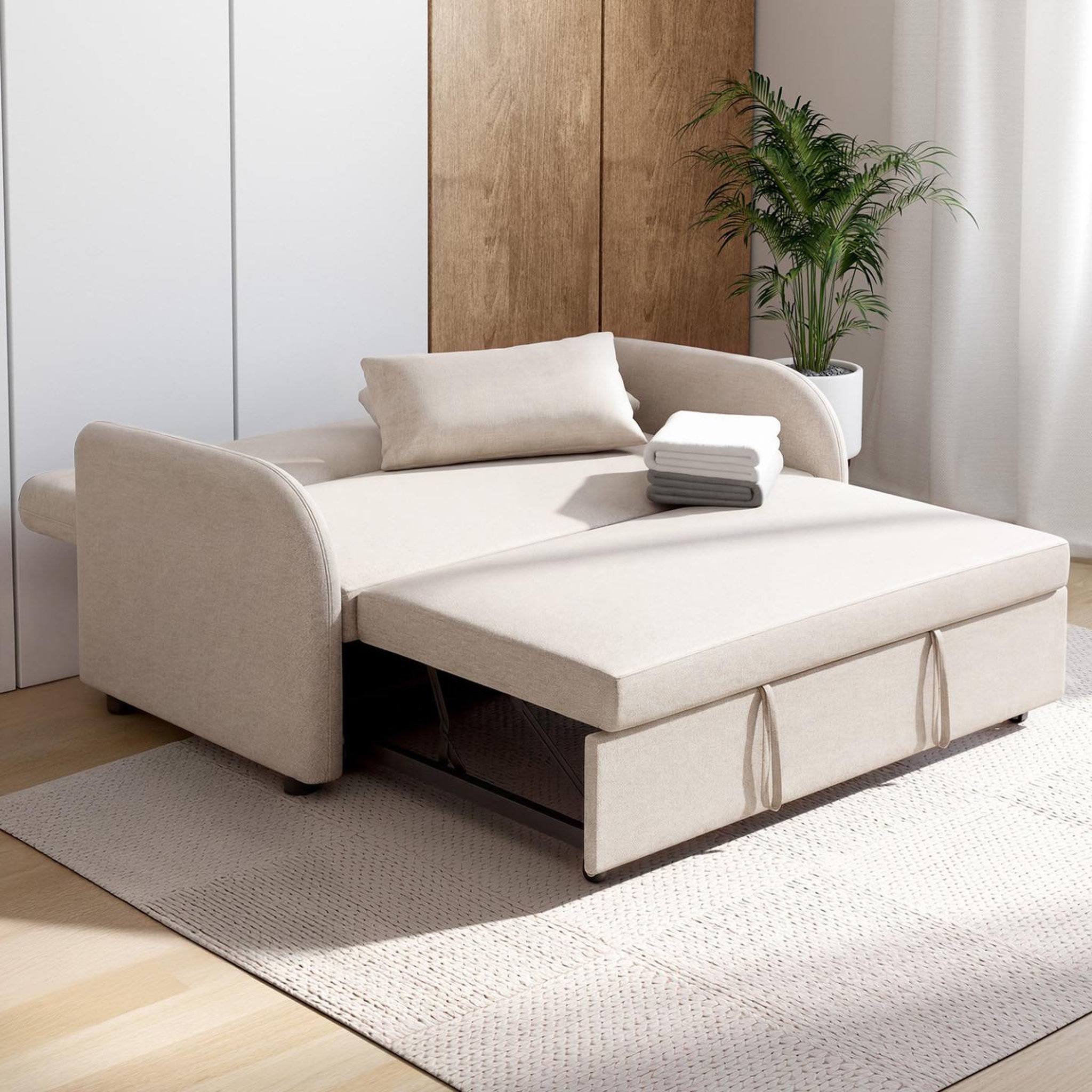 Voir la diapositive 4 : ID MARKET Canapé droit 2 places convertible noah en tissu beige