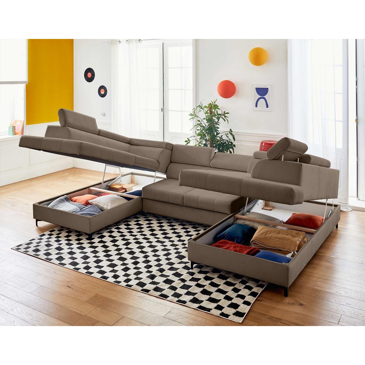 LISA DESIGN Merida - canapé panoramique en u - 7 places - convertible avec coffres et têtières réglables - en velours