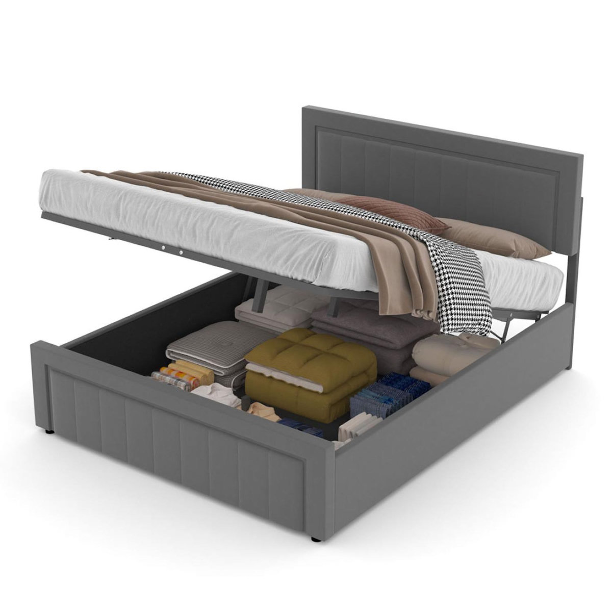 CONCEPT USINE Lit contemporain avec coffre de rangement 140x190cm en velours gris NASHVILLE