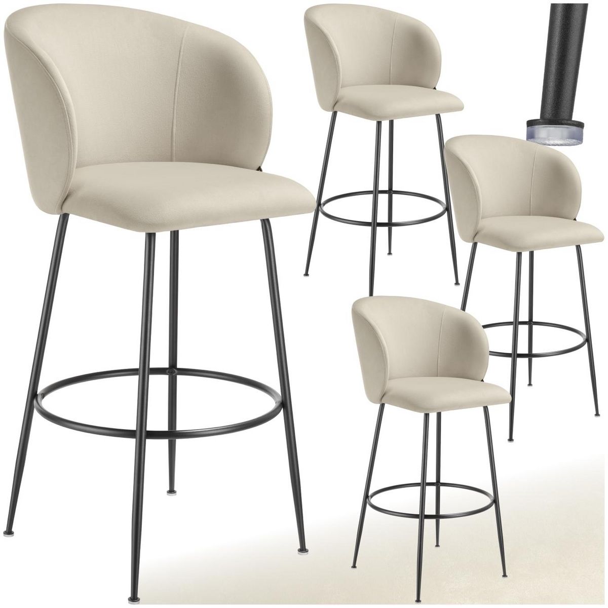 tectake Chaise de bar en velours rembourré crème/noir Ensemble de 4 pièces