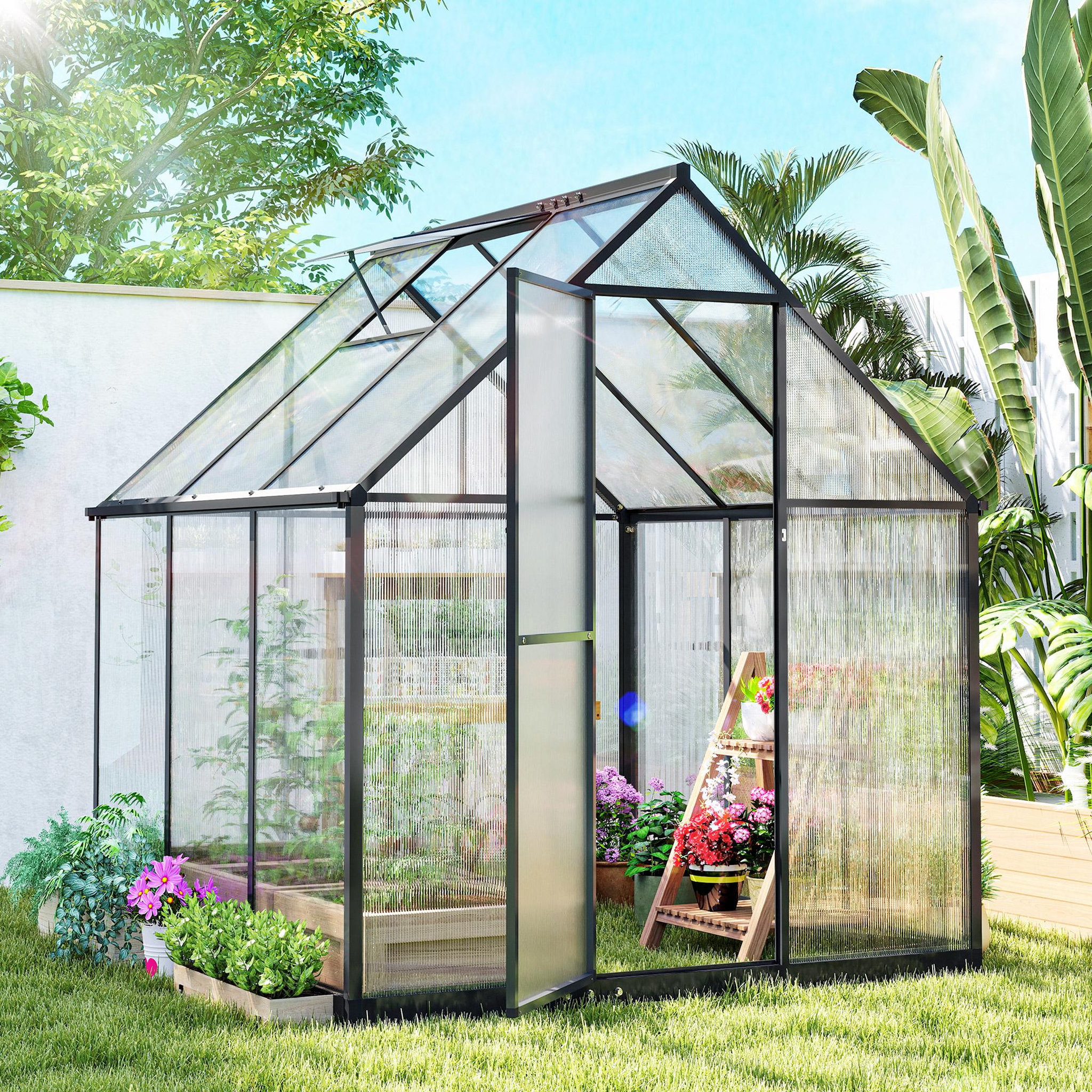 Voir la diapositive 6 : OUTSUNNY Serre de jardin alu polycarbonate - porte, lucarne - 1,78 x 1,68 x 1,95 m - noir