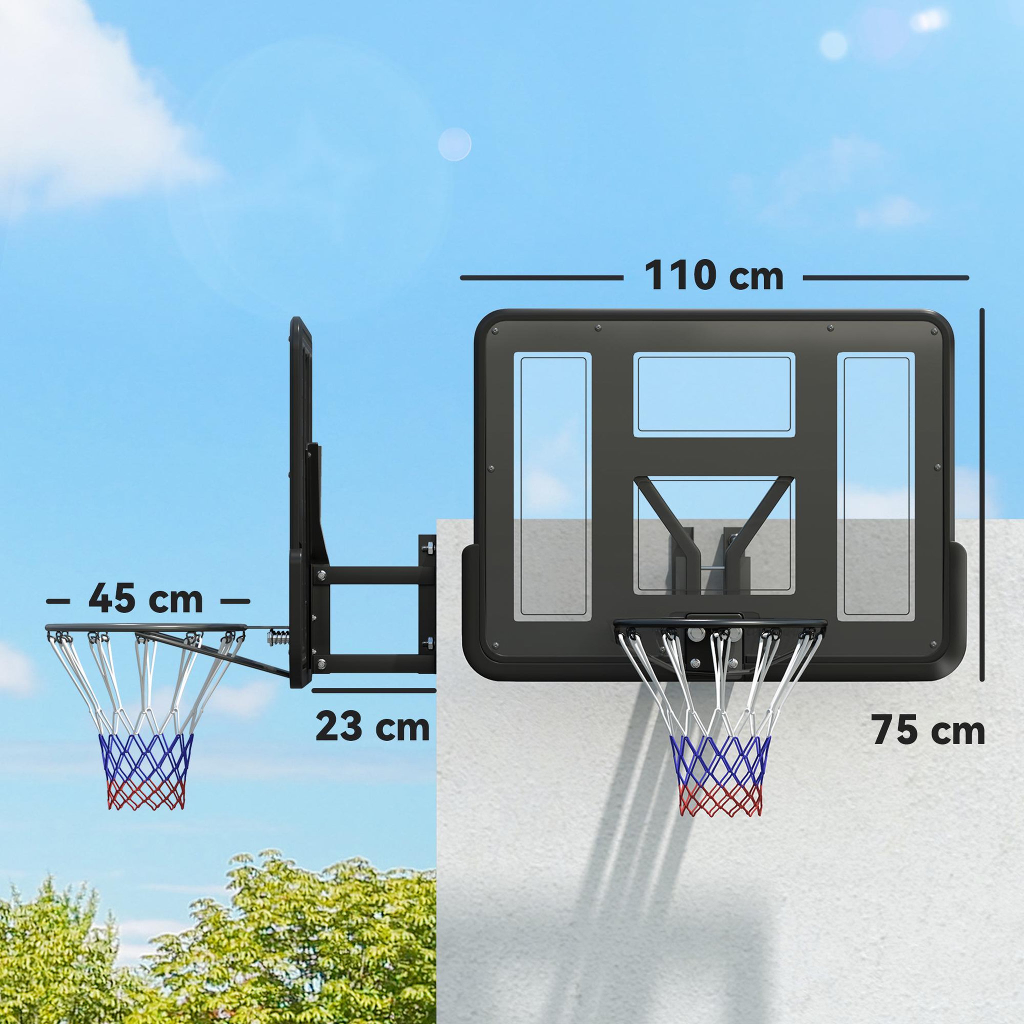Voir la diapositive 3 : HOMCOM Panier de basket-ball mural - kit fixation murale inclus - acier pvc noir