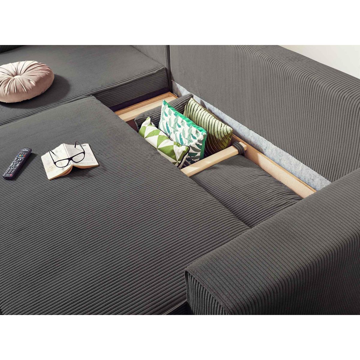 BEST MOBILIER Dellia - canapé d'angle réversible convertible - avec coffre - en velours côtelé - 4 places