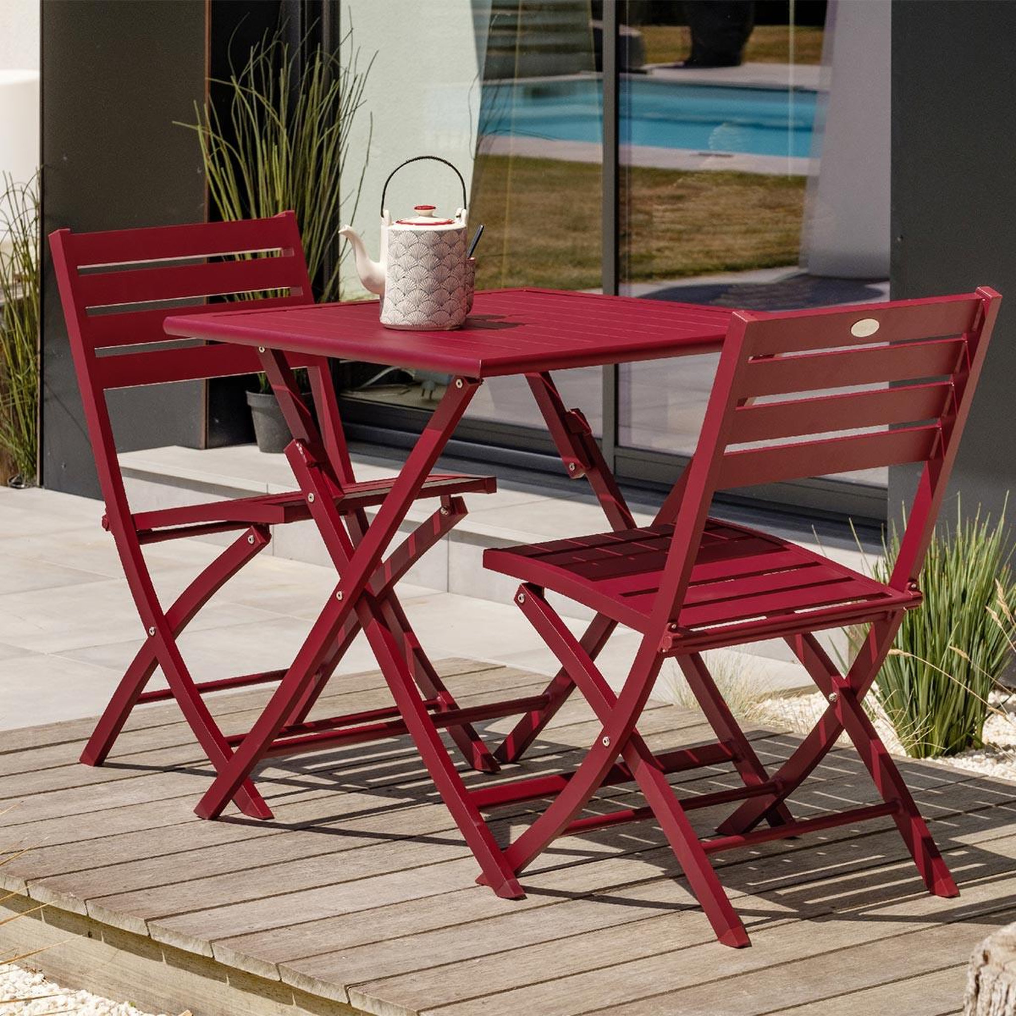Voir la diapositive 3 : Paris Prix Ensemble table de jardin pliante & 2 chaises  marius  70cm rouge carmin
