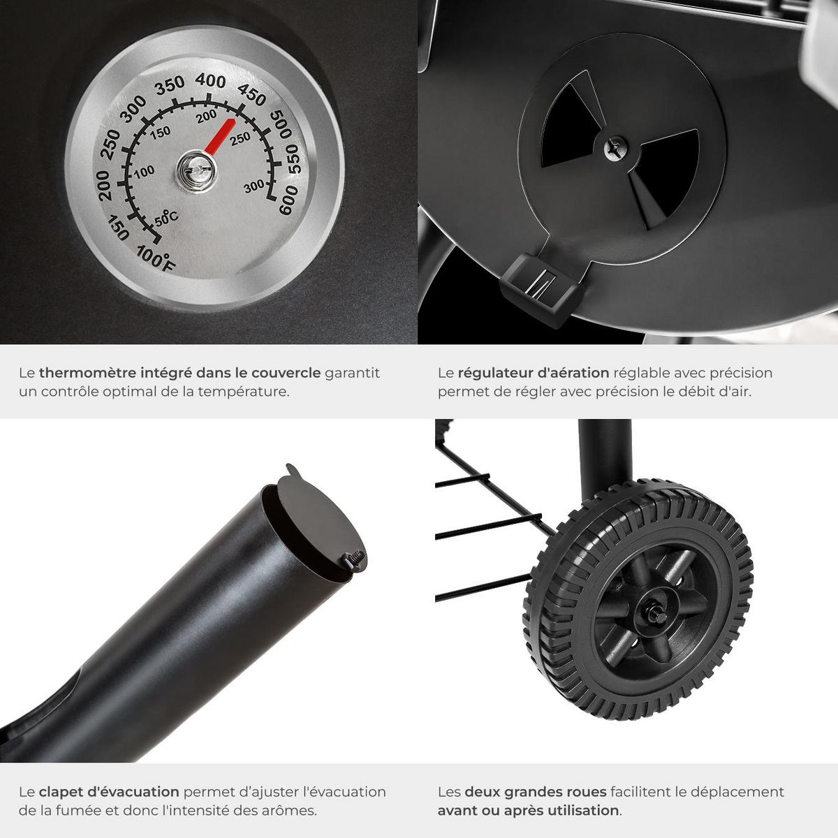 tectake Barbecue charbon avec thermomètre équipé de 2 roues pour un piètement stable noir