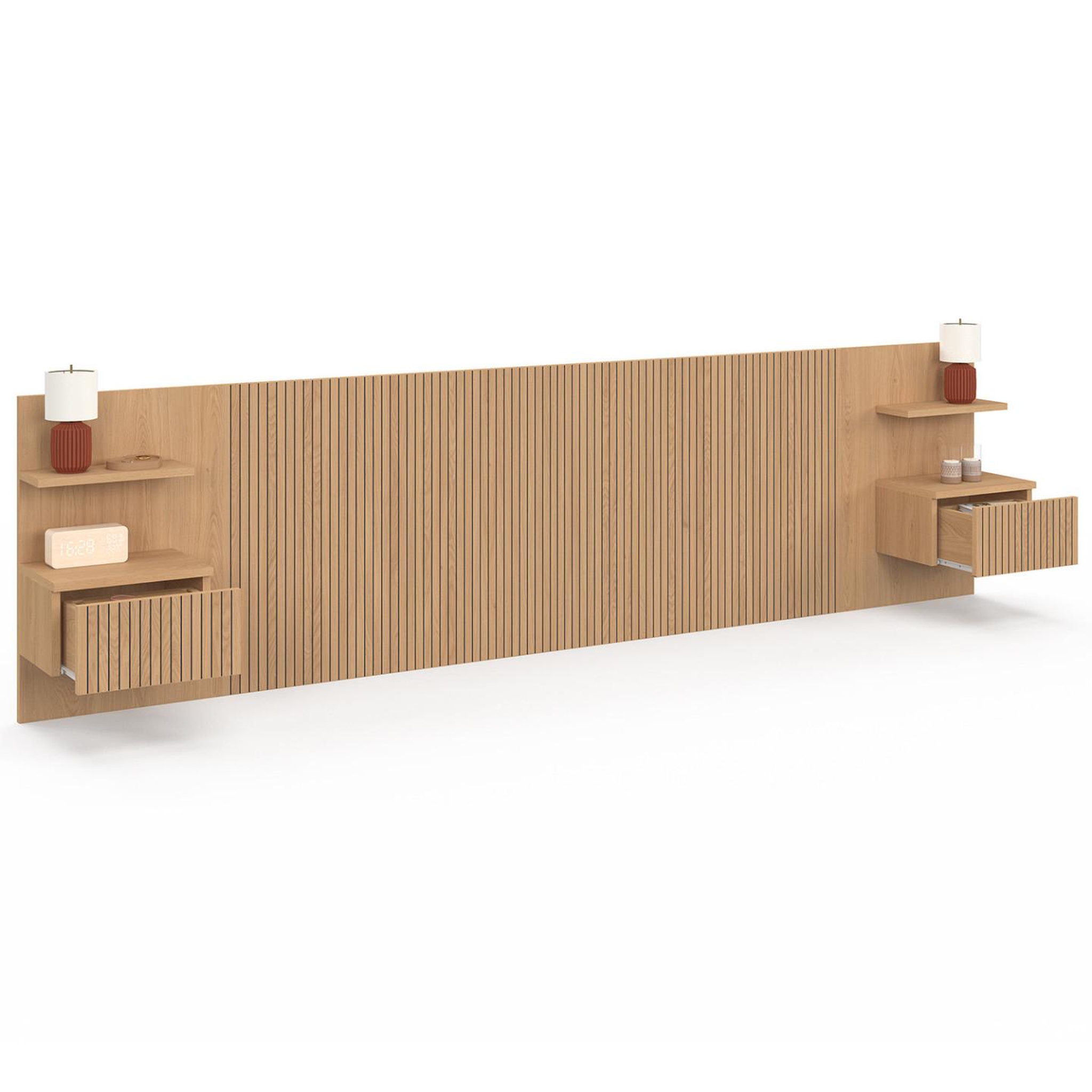Voir la diapositive 4 : ID MARKET Tête de lit suspendue JULIETTE 240 cm avec chevets + tiroir effet lattes tasseau bois