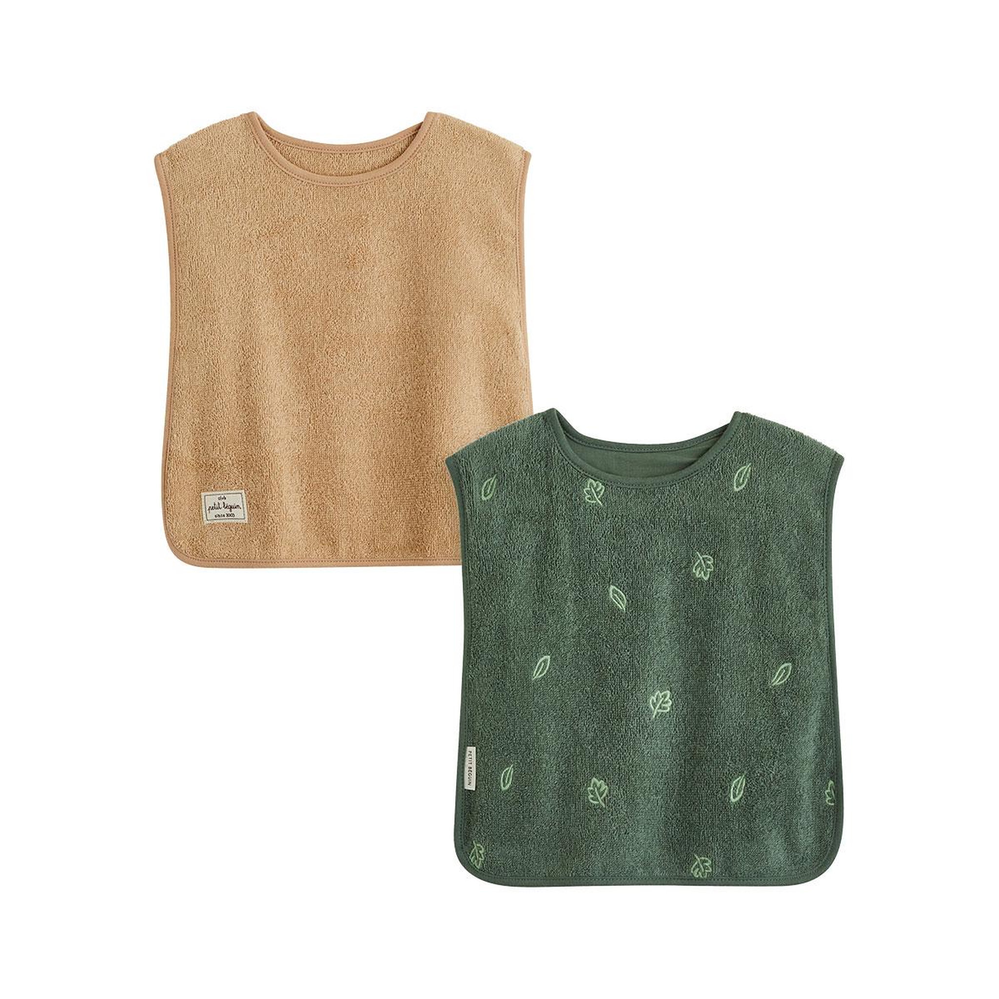 PETIT BEGUIN Lot de 2 bavoirs bébé en éponge Moka. Coloris disponibles : Vert