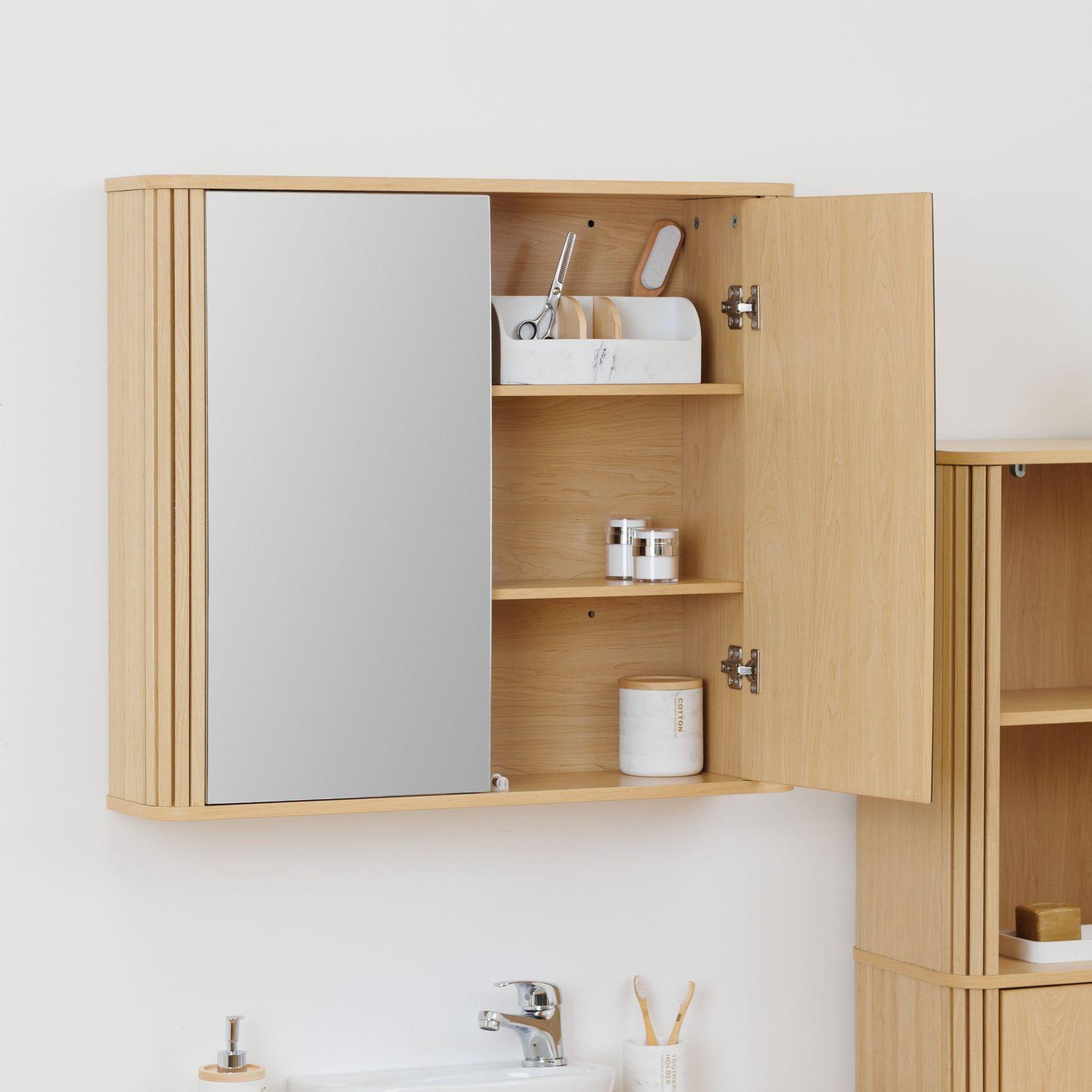 Voir la diapositive 6 : FIVE Armoire de salle de bain 2 portes avec miroir effet bois clair liora - beige