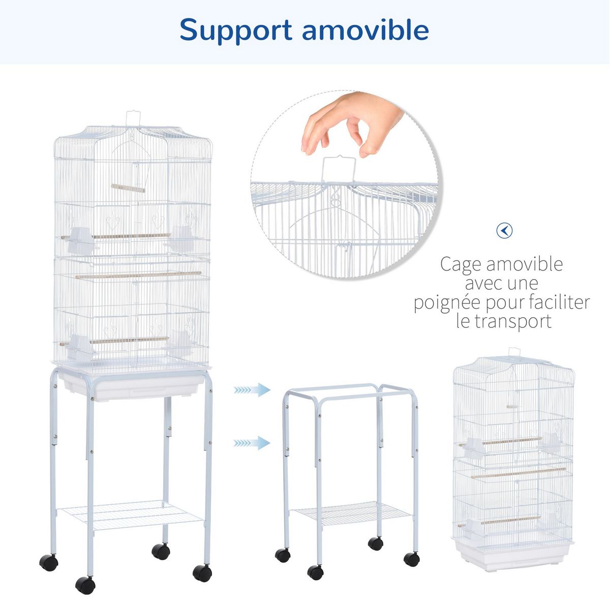 PAWHUT PawHut Cage à oiseaux sur pied volière oiseaux sur roulettes avec toit ouvrant 3 perchoirs étagère inférieure 46,5 x 36 x 157 cm