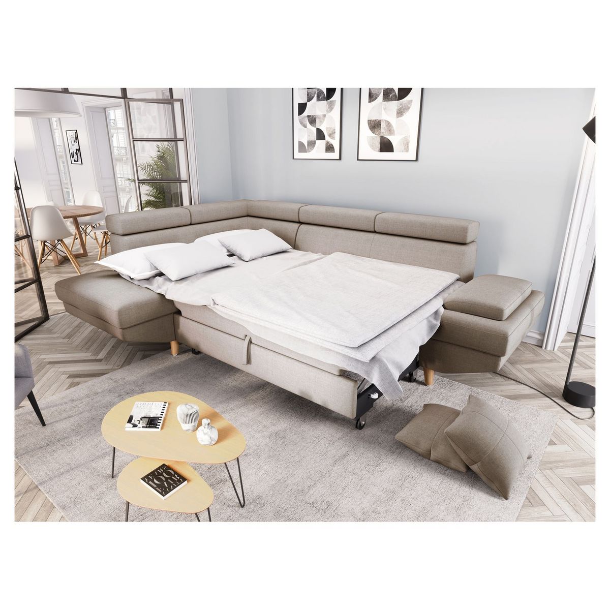 Canapé d'angle gauche convertible 5 places tissu pieds bois clair MARIUS 