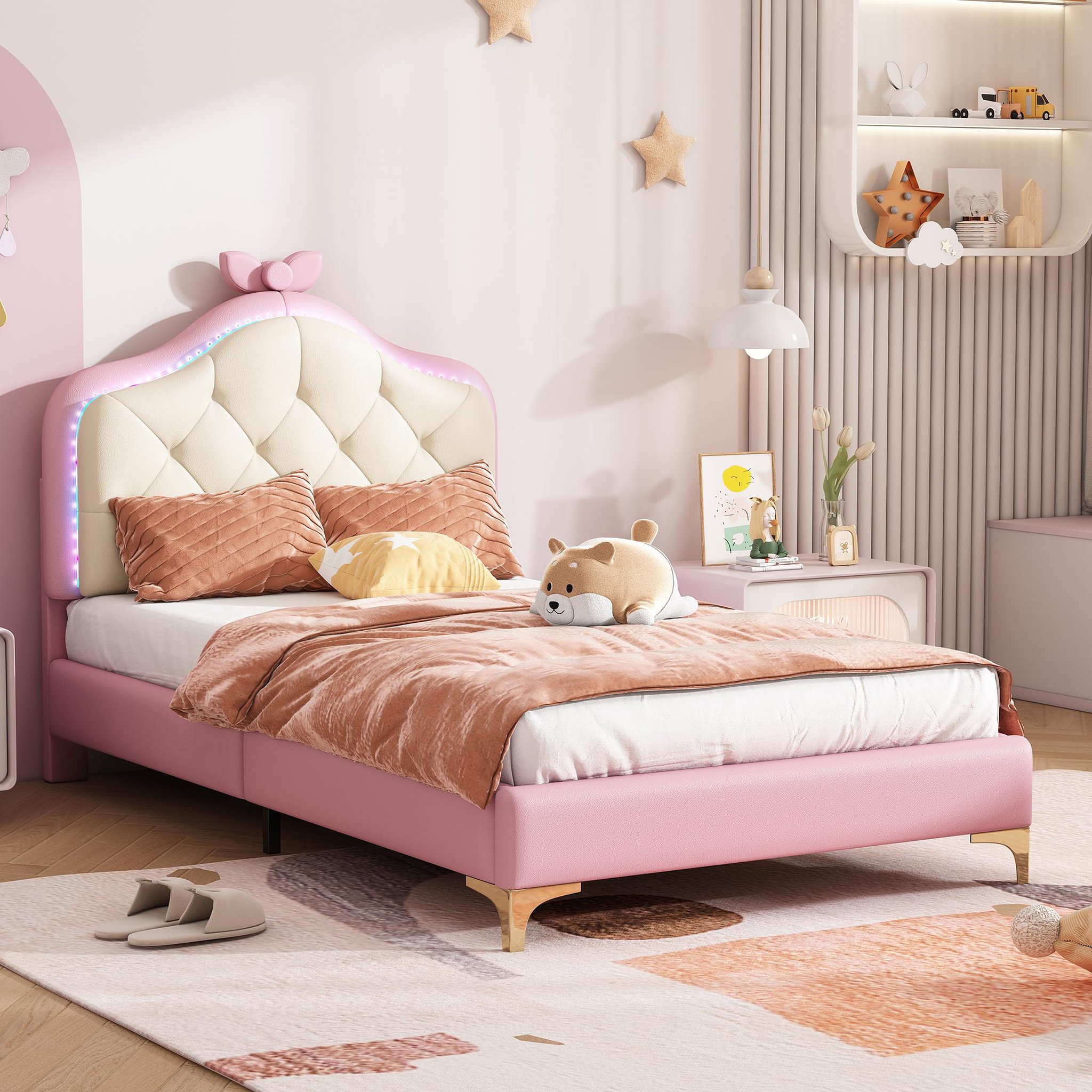 Voir la diapositive 5 : MERAX Lit simple enfant rembourré 90x200cm pu coloris rose led