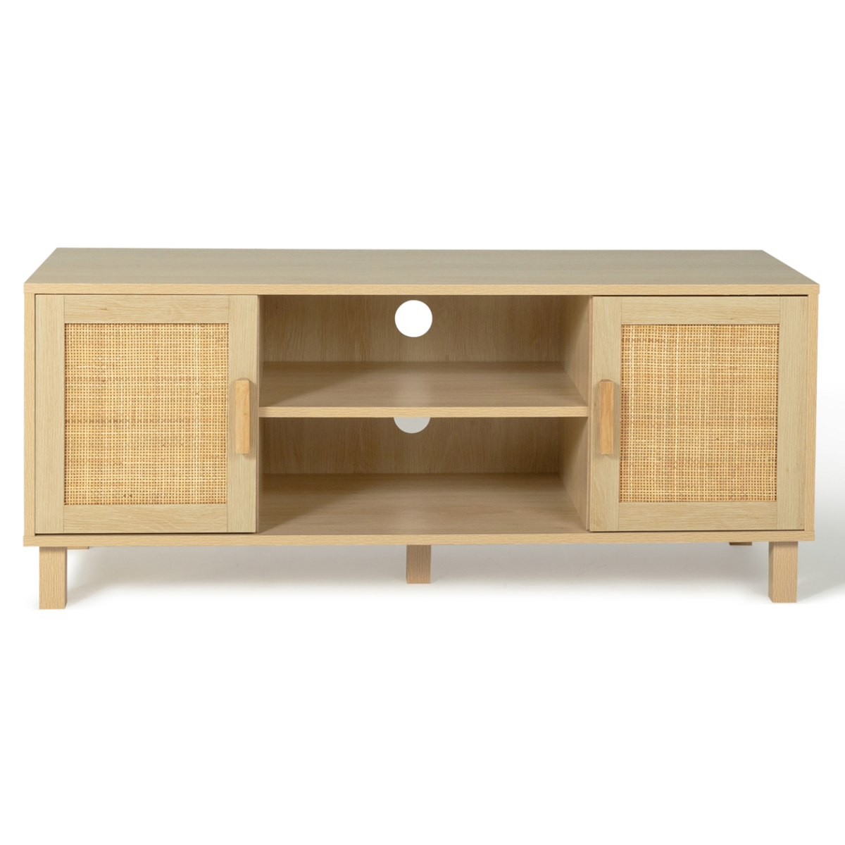 ID MARKET Meuble TV 115 cm vintage ELIN 2 portes effet naturel cannage