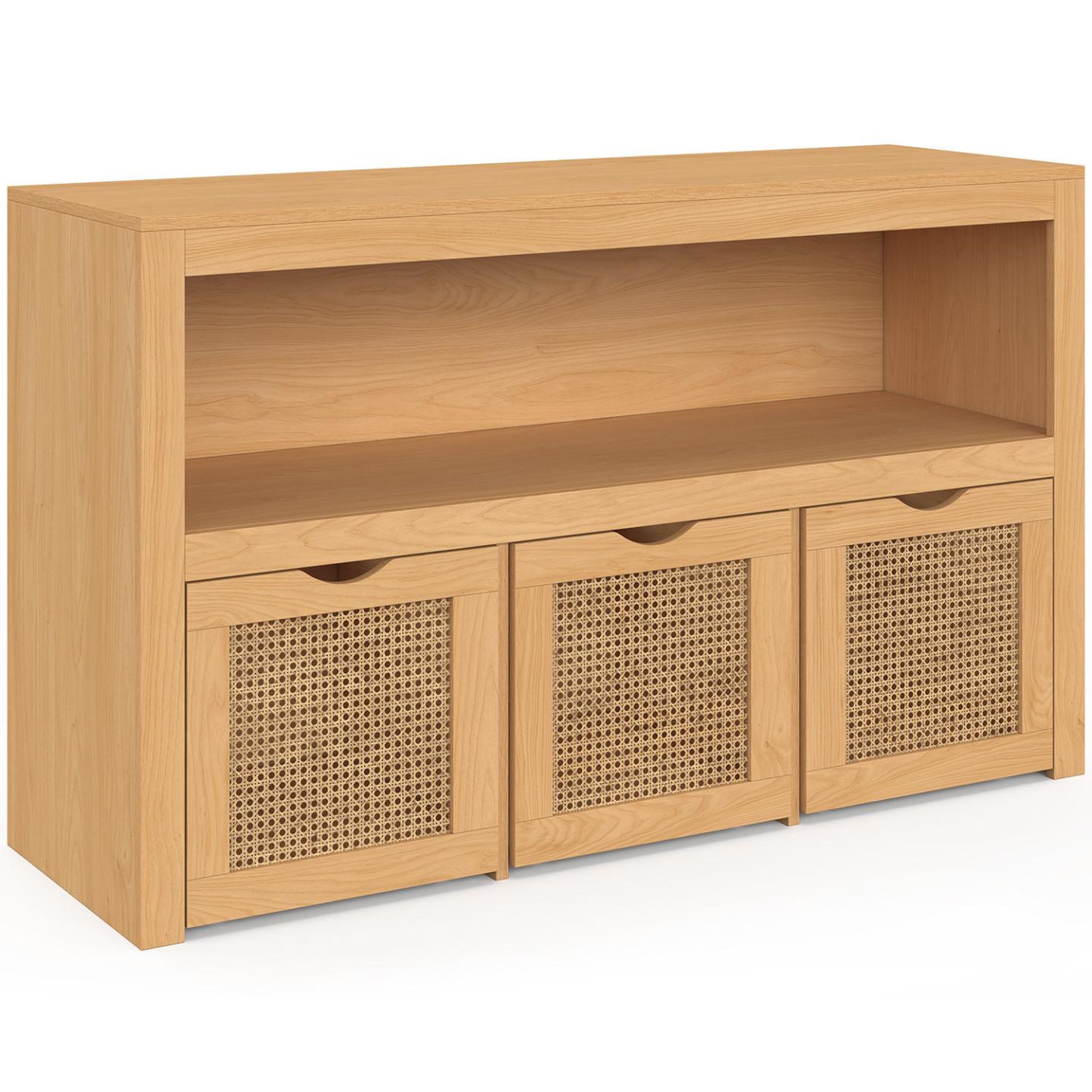 Voir la diapositive 3 : ID MARKET Meuble de rangement enfant edhen bois et cannage 3 tiroirs cubes sur roulettes