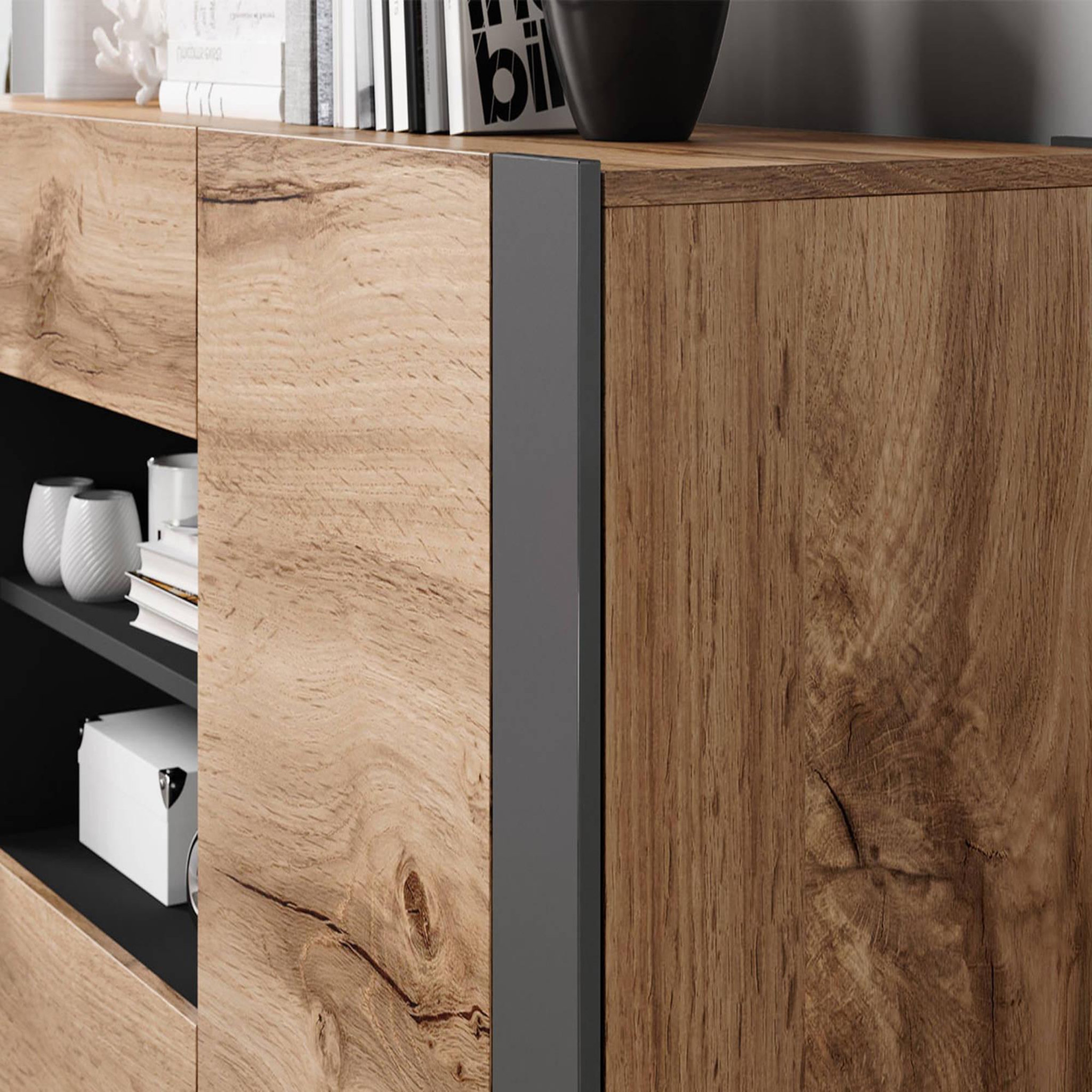 Voir la diapositive 3 : BEST MOBILIER Willow - buffet bas - effet bois et gris - 2 portes, 2 tiroirs et 2 niches - 164 cm