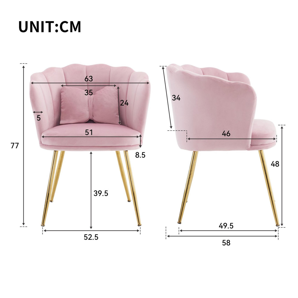 MERAX Fauteuil Fixe Avec Coussin Papillon Et Pieds En Métal Rose