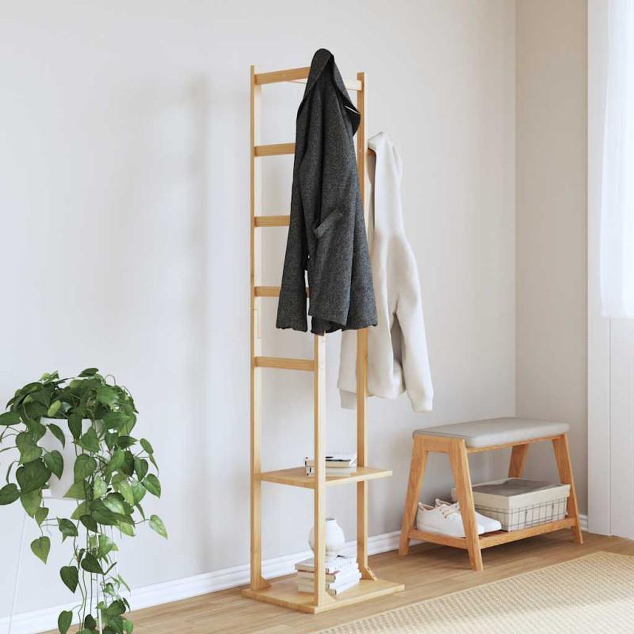 Voir la diapositive 2 : VIDAXL Porte manteau avec crochets et étagères 38,5x30x156 cm bambou