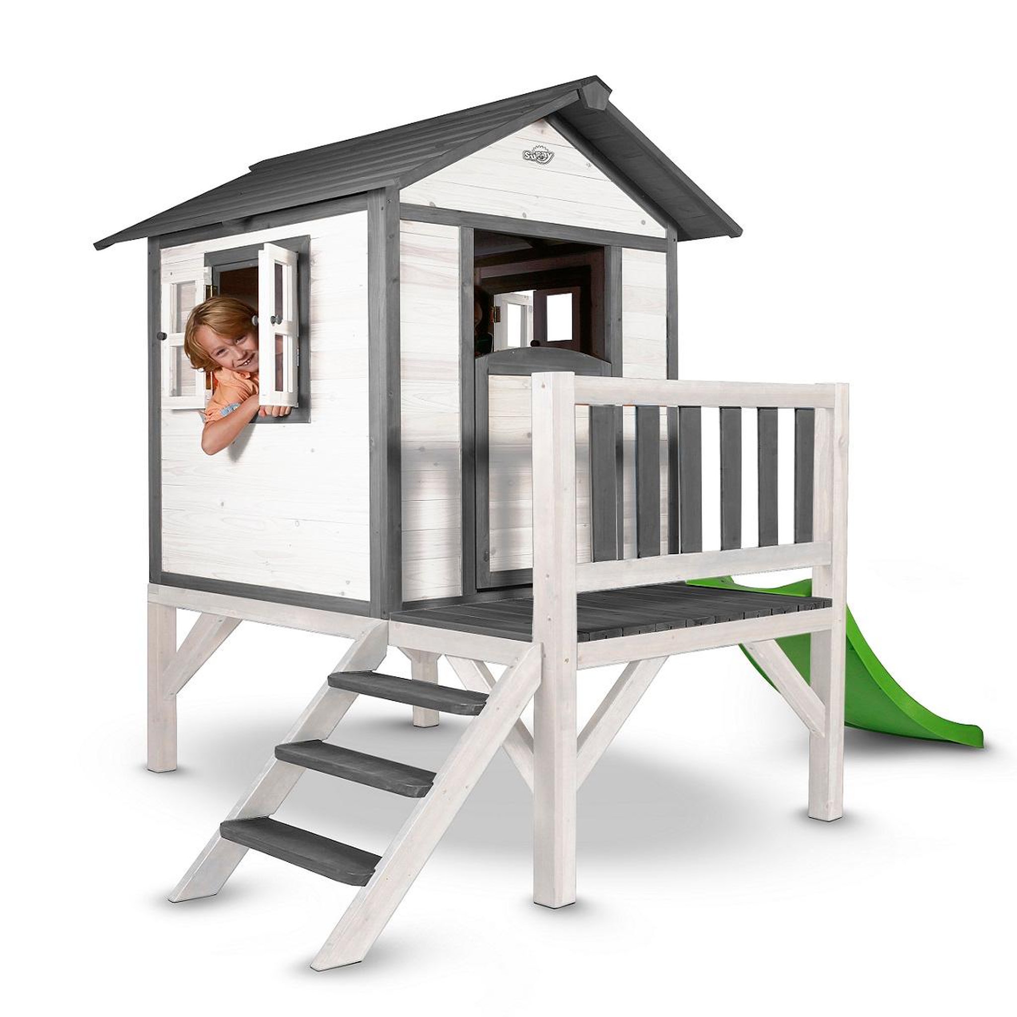 Voir la diapositive 2 : PRAGMA Maison en bois LODGE XL sur pilotis avec toboggan
