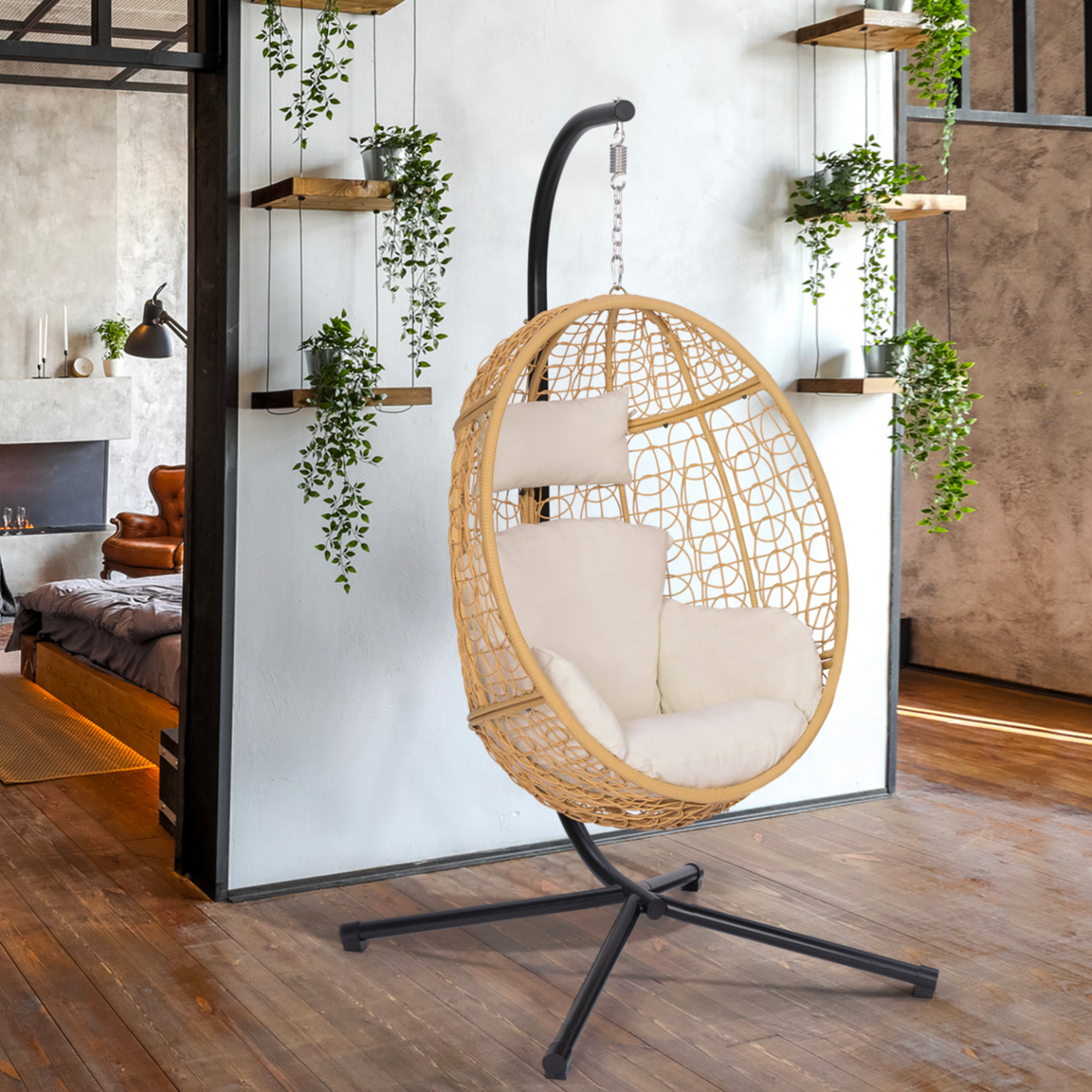 ID MARKET Fauteuil oeuf suspendu ajouré effet rotin avec coussin écru