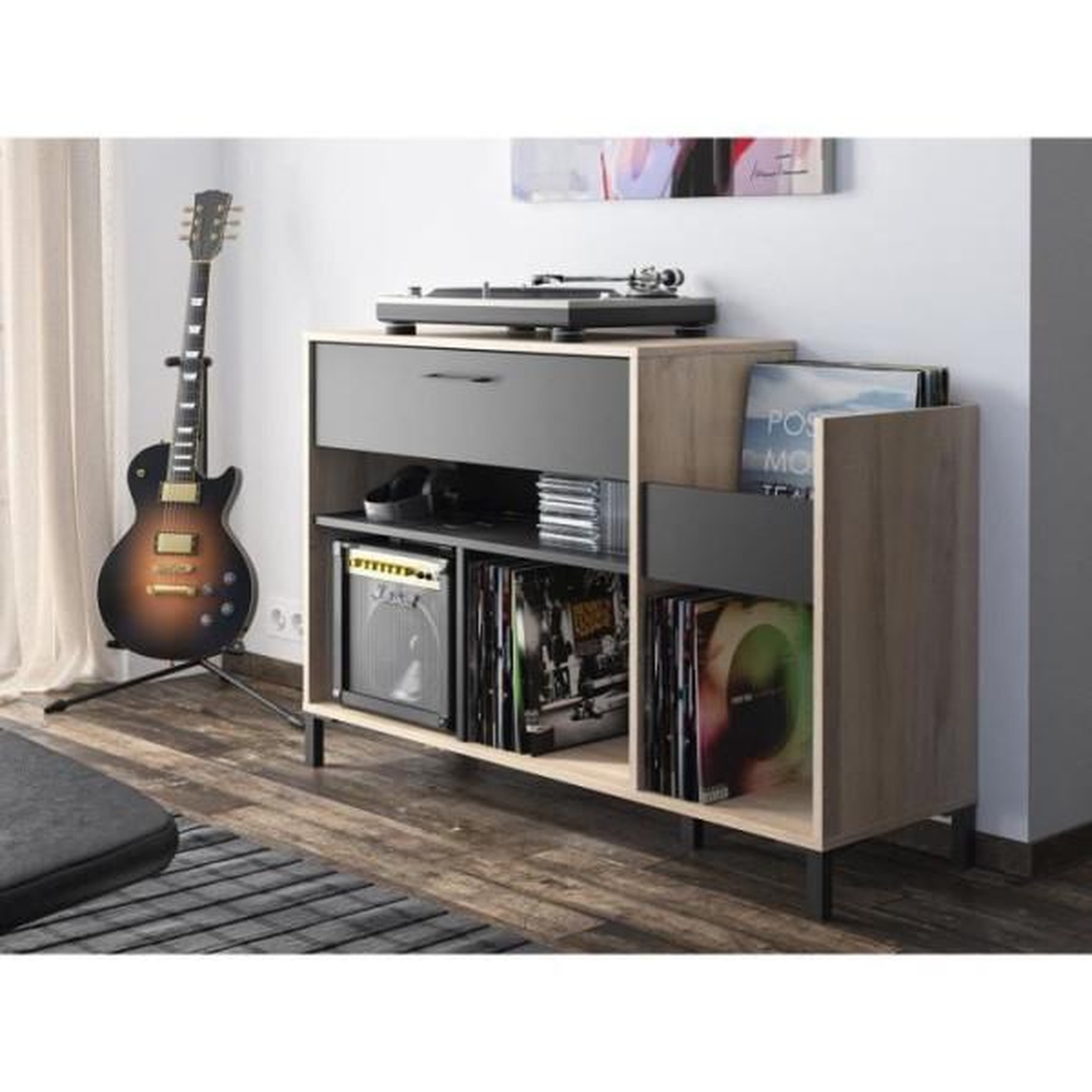 GAMI Meuble rangement vinyle - GAMI - Platine - Style urbain - Décor chene - Noir - L 115 x P 40 x H 81 cm