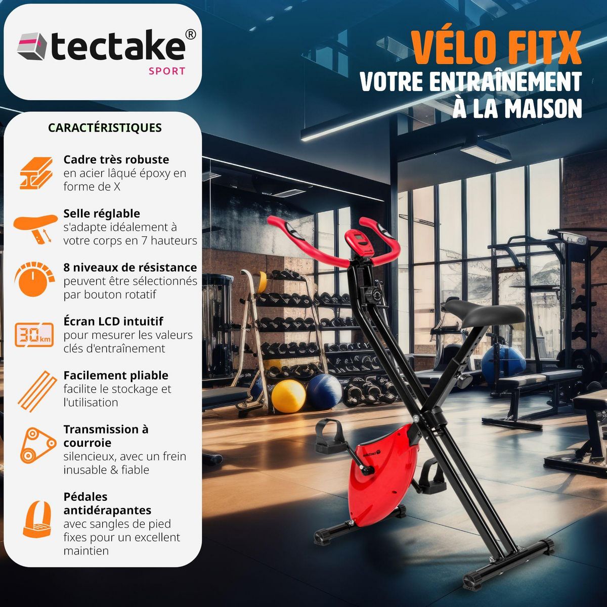 tectake Vélo d'appartement pliable avec 8 niveaux de difficulté noir 113 x 41 x 81 cm