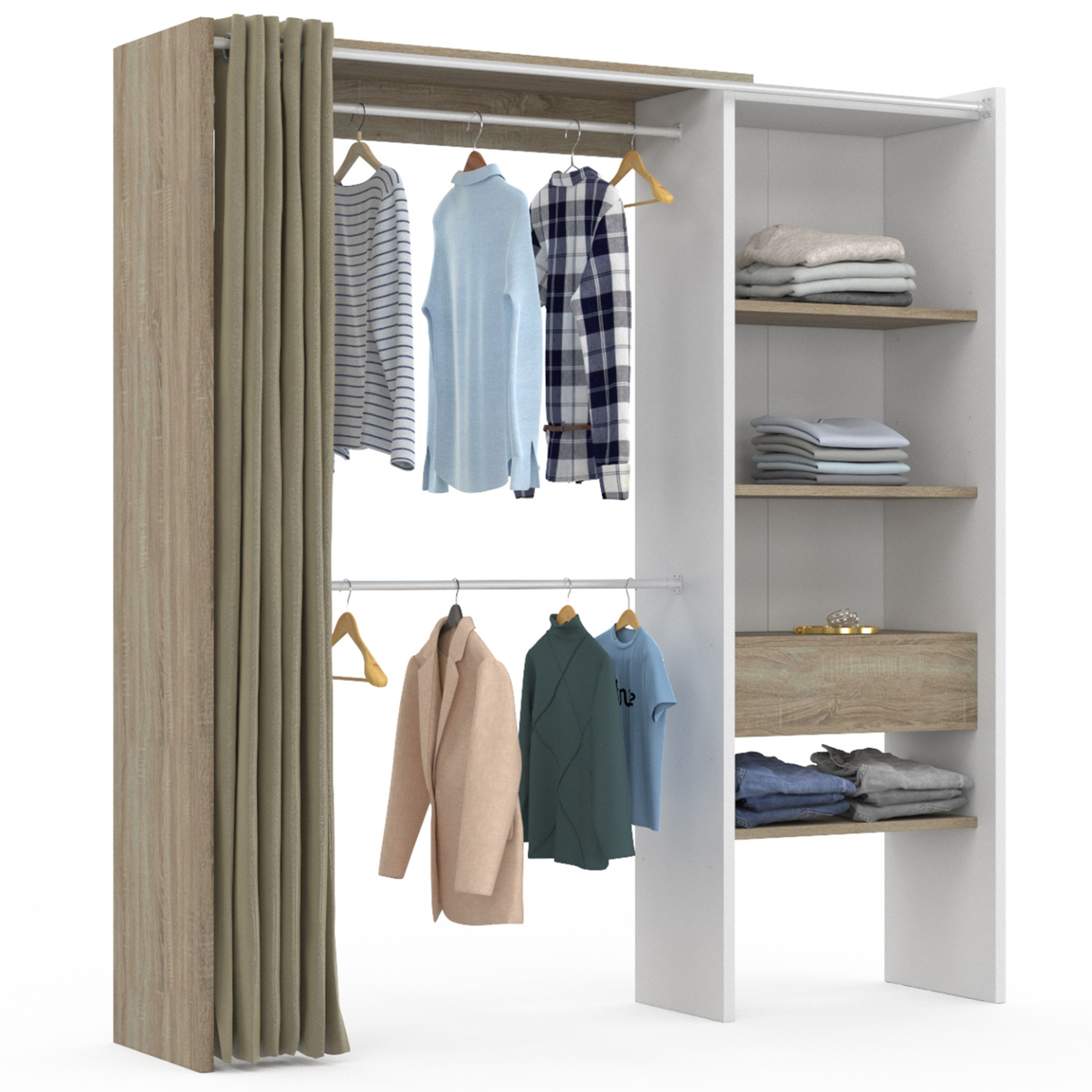 ID MARKET Dressing extensible marty 120/170 x 50 x 180 cm blanc avec étagères hêtre + double penderie + rideau taupe