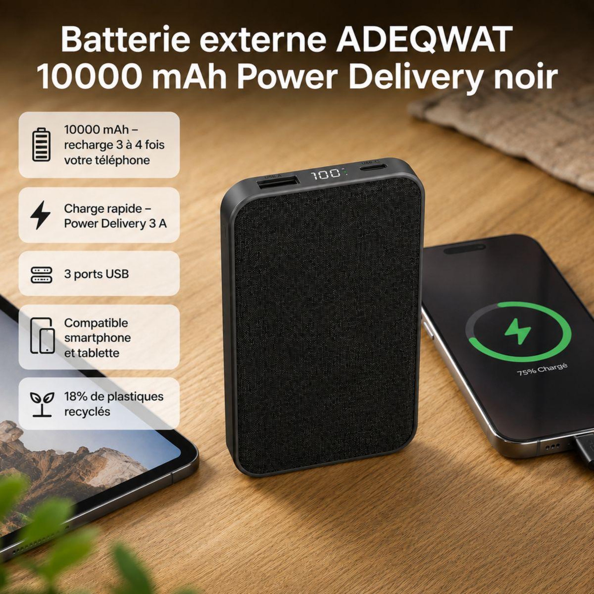 Voir la diapositive 3 : ADEQWAT Batterie externe powerbank 10000 mah power delivery noir compatible iphone 16 15 14 et samsung galaxy