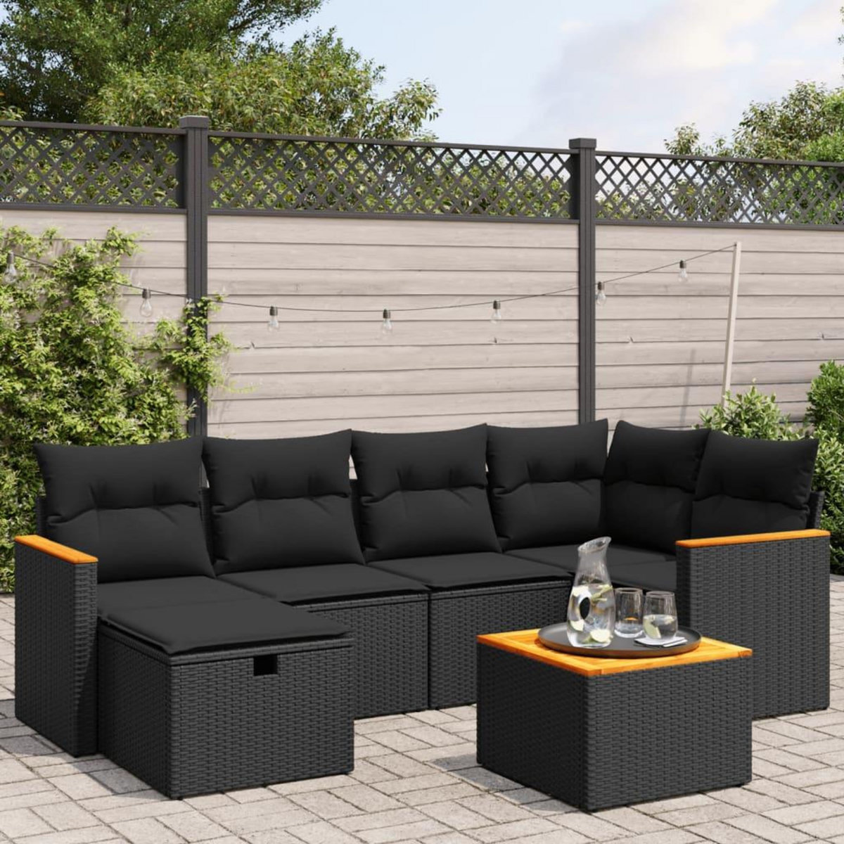 VIDAXL Salon de jardin 7 pcs avec coussins noir resine tressee