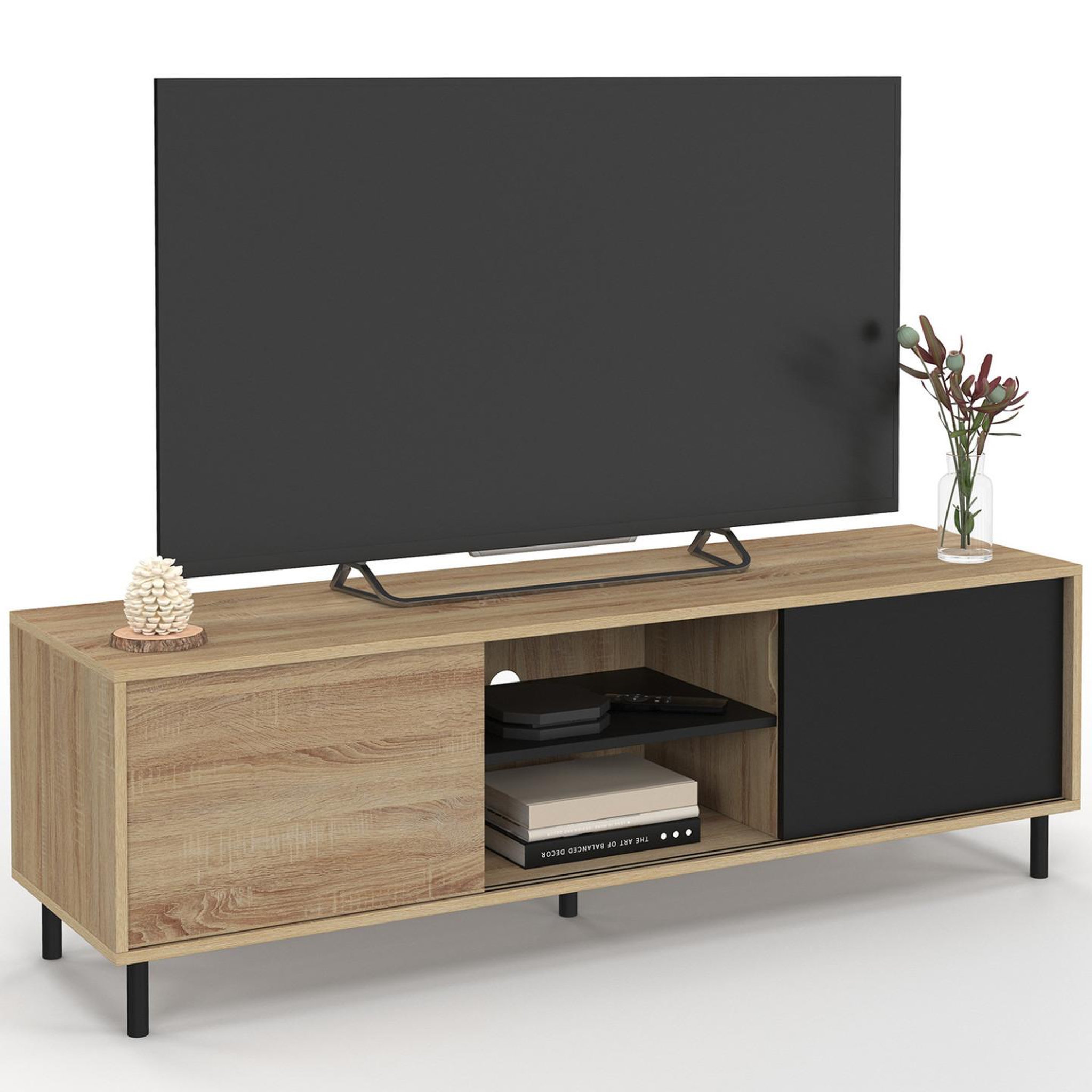 ID MARKET Meuble tv 140 cm easy montage sans outils 2 portes coulissantes réversibles effet bois et noir
