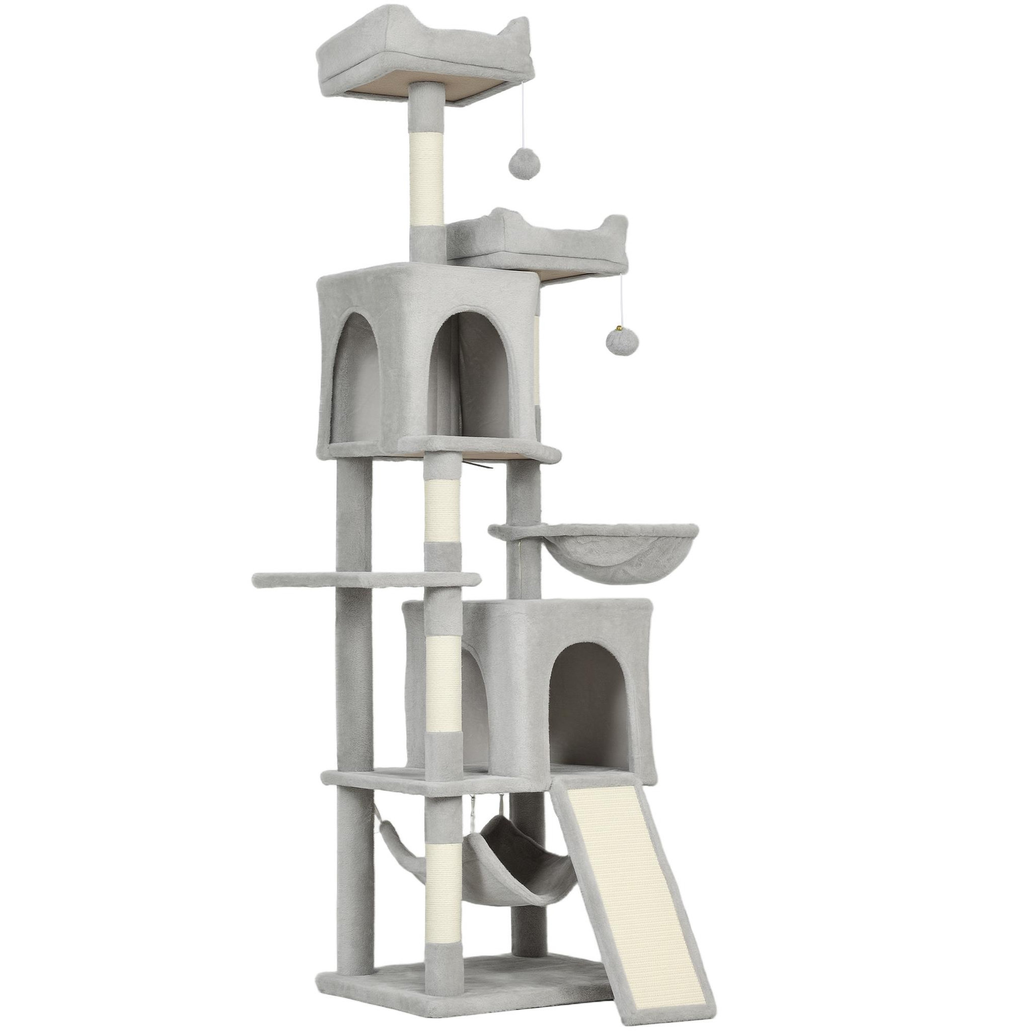 PAWHUT Arbre à chat design grande taille h.177cm équipements jeux multiples sisal naturel peluche gris clair