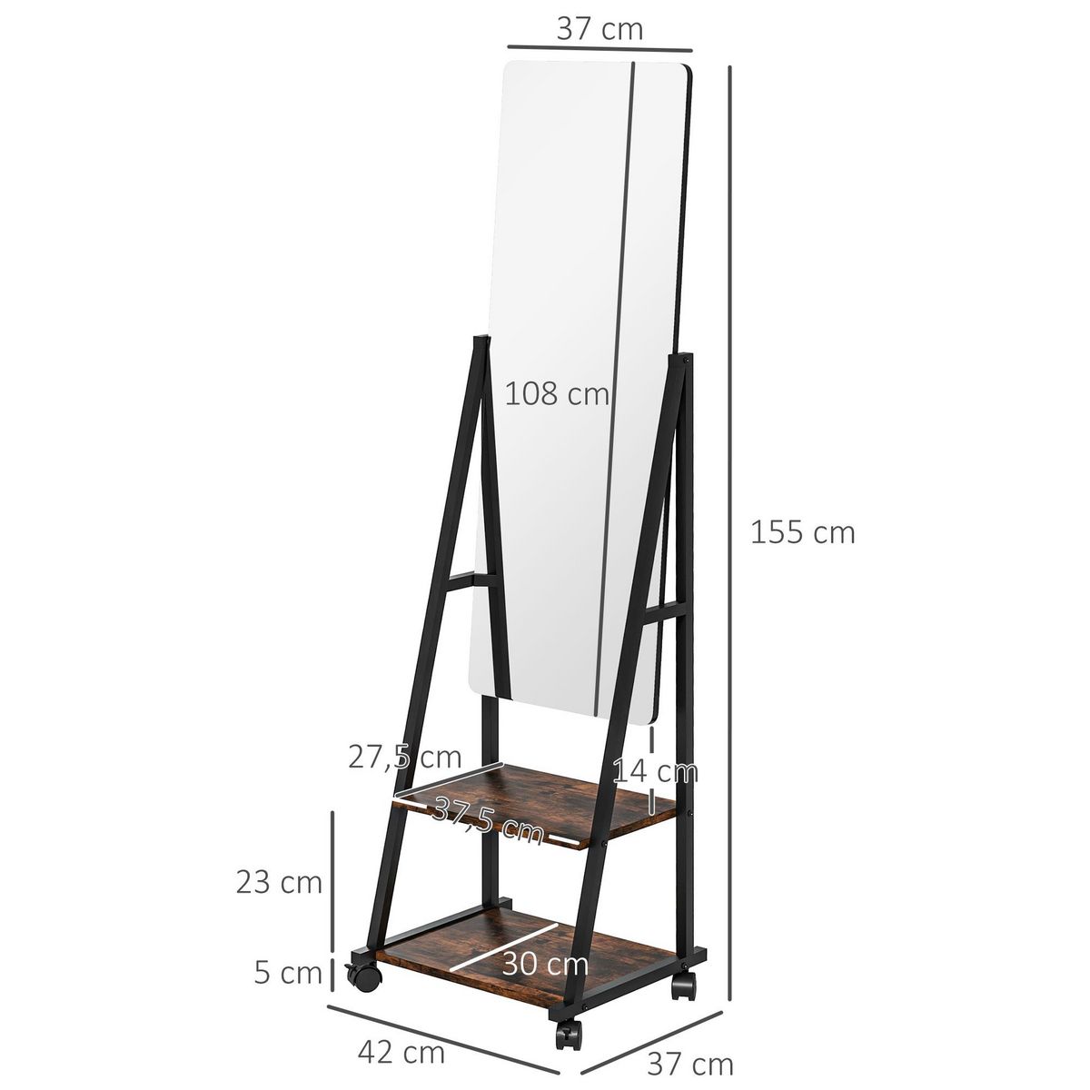 HOMCOM Miroir sur pied rectangulaire avec roulettes angle réglable 2 étagères dim. 42L x 37l x 155H cm verre bois rustique noir