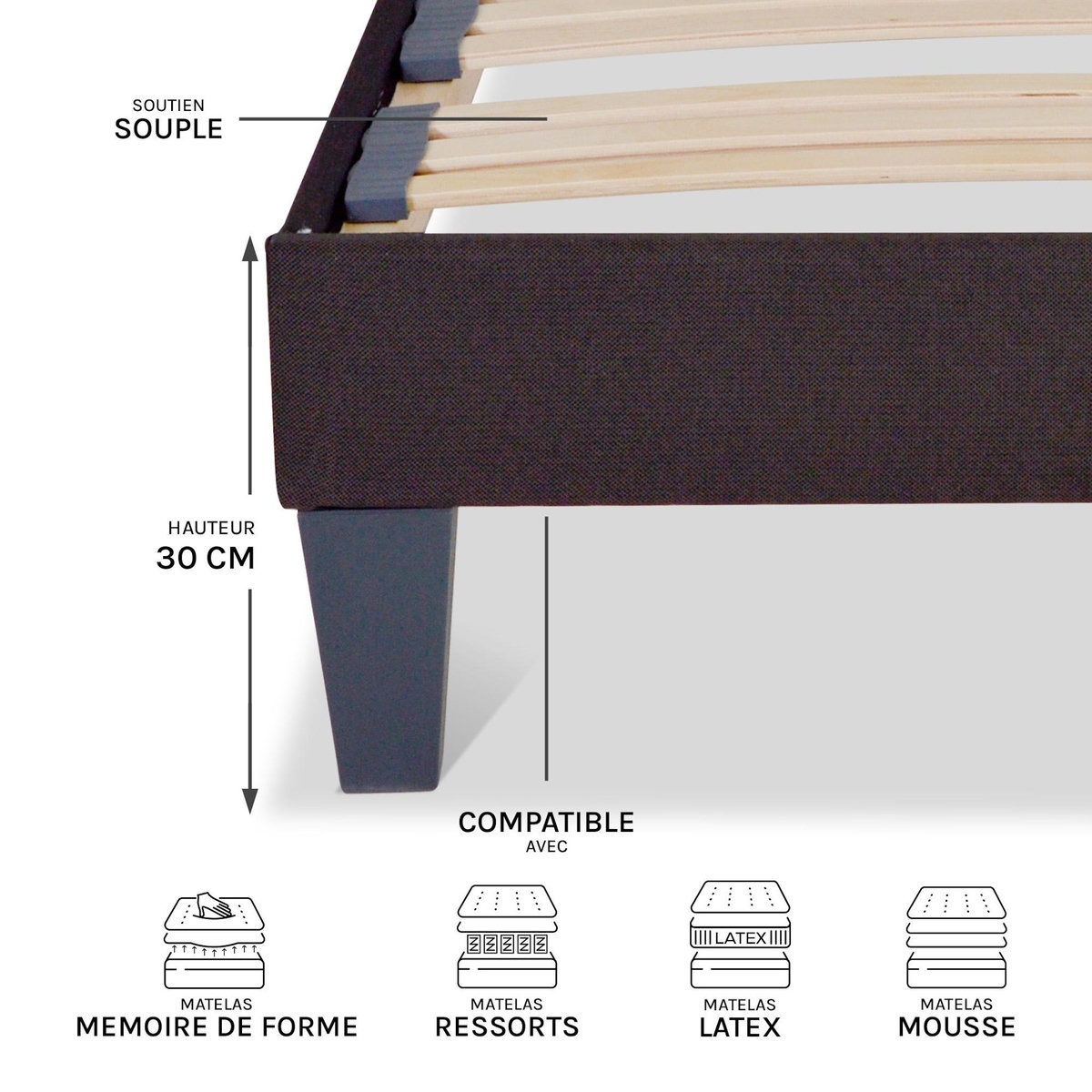 OLYMPE LITERIE OLYMPE LITERIE | Sommier à lattes en bois KIT15 | Coloris Gris anthracite | Livré en kit