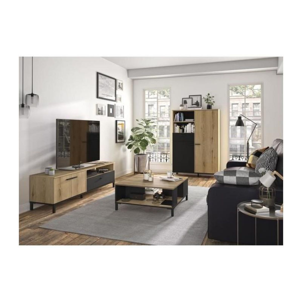 GAMI Banc TV - TRUST - Chene / Noir - 2 portes - 1 tiroir - 140 x 40 x 47 cm - GAMI