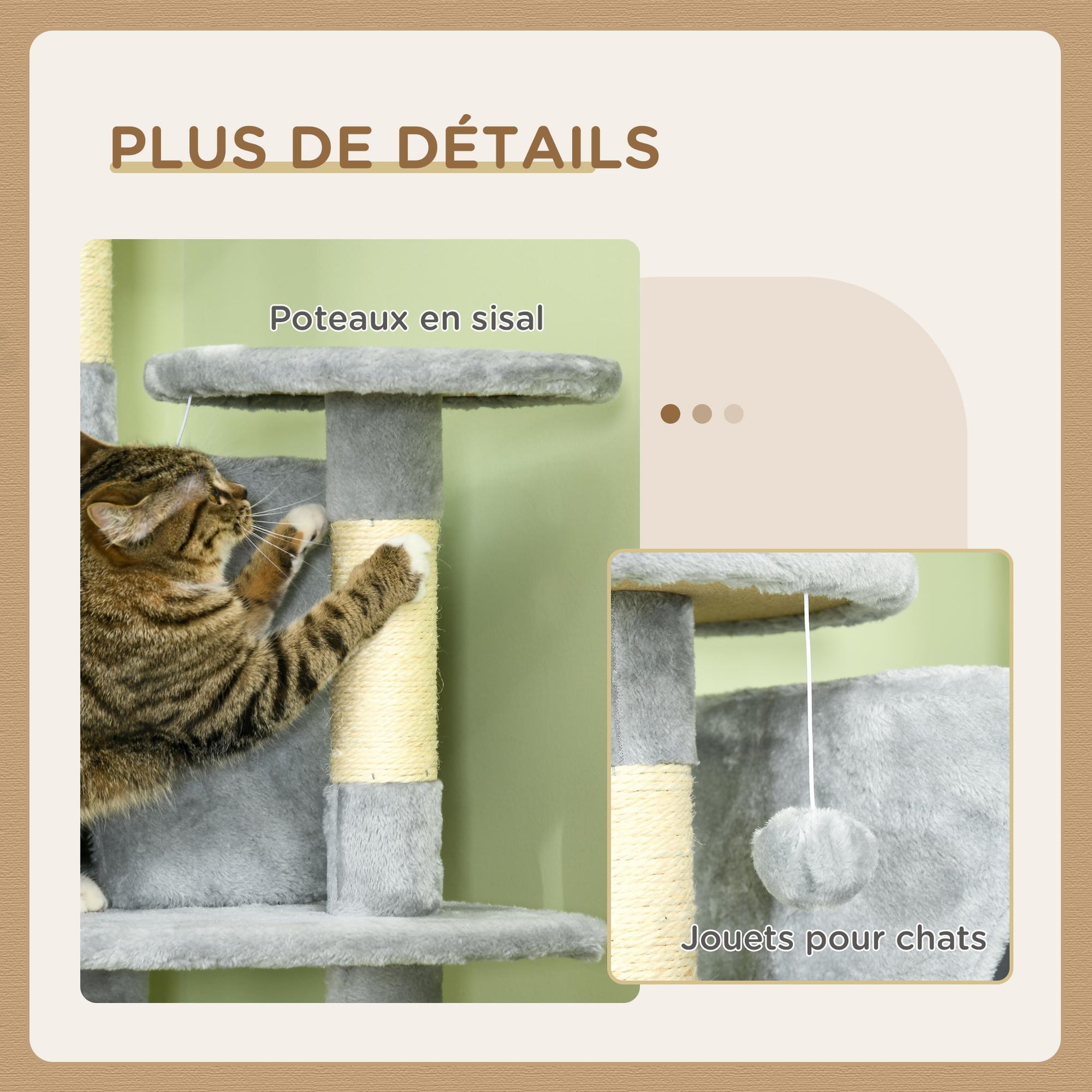 Voir la diapositive 5 : PAWHUT Arbre à chat multi-équipement griffoirs 2 niches 2 hamacs plateformes boules suspendues corde peluche grise