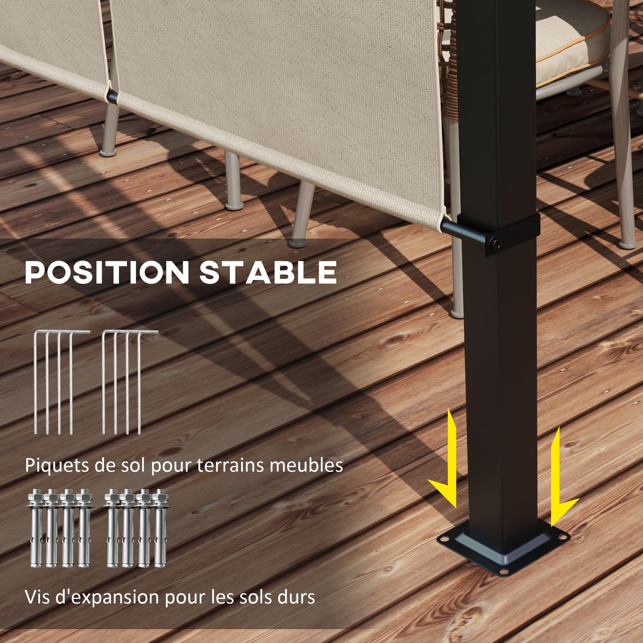 Voir la diapositive 6 : OUTSUNNY Pergola 3 toiles coulissantes - dim. 2,97L x 2,97l x 2,38H m - acier époxy polyester haute densité beige