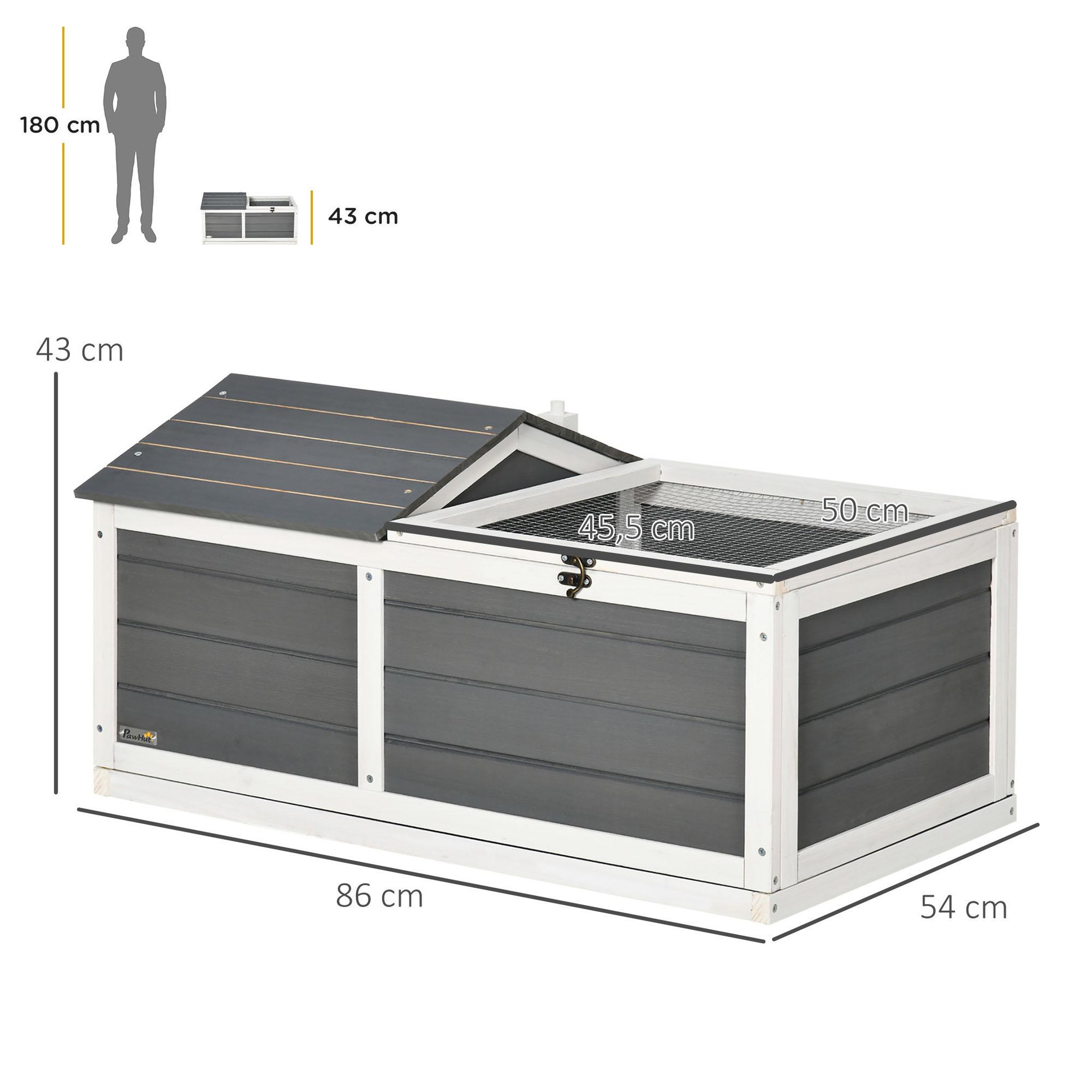 Voir la diapositive 3 : PAWHUT Enclos pour tortue - parc pour tortue - niche, enclos extérieur grillagé, toit ouvrant verrouillable - sapin gris blanc