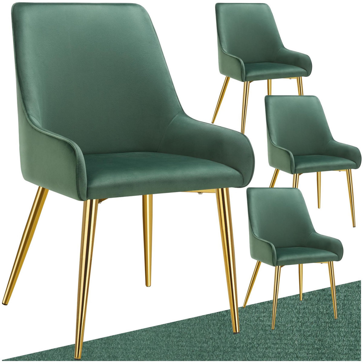 tectake Chaise rembourrée en velours rembourré vert Lot de 4