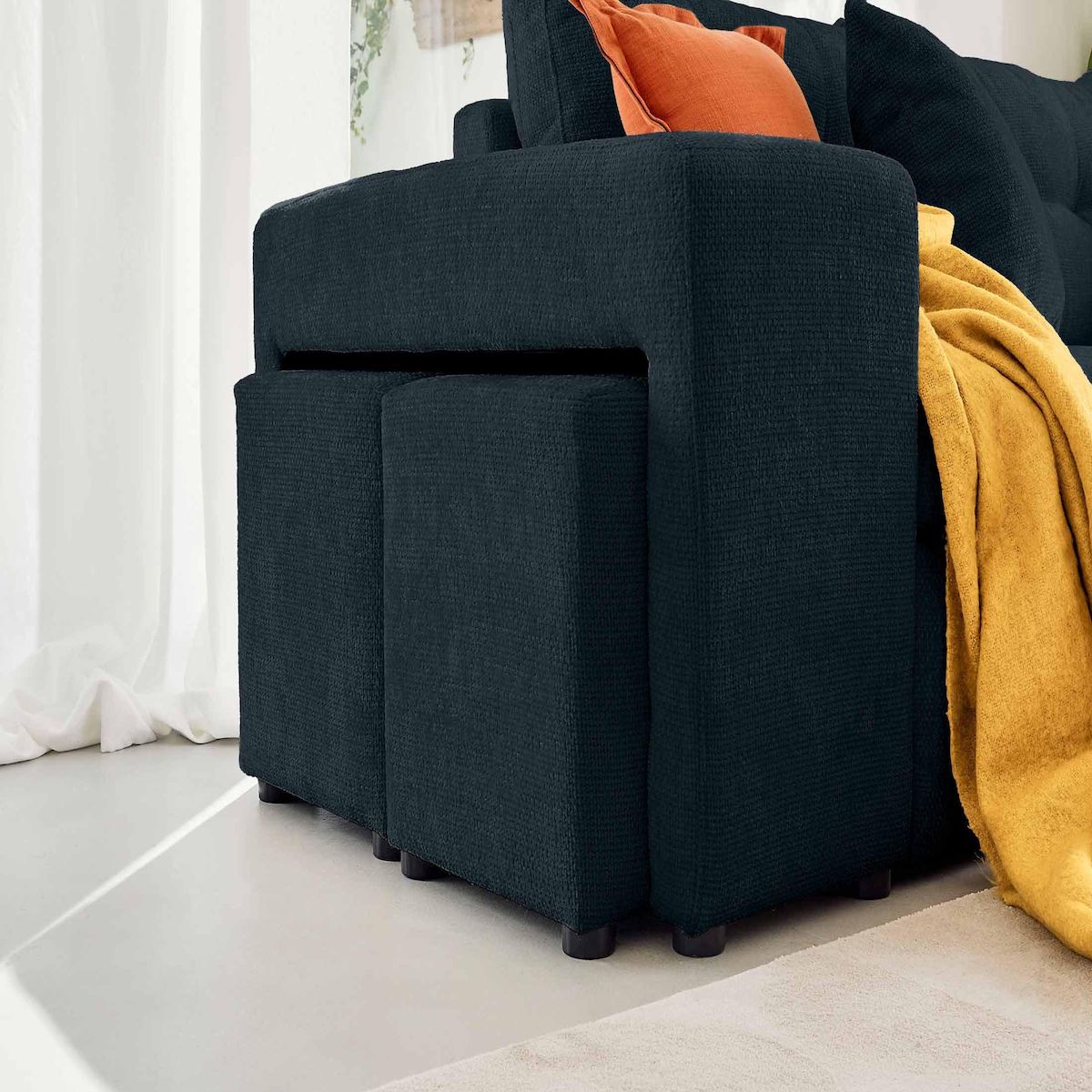 BEST MOBILIER California - canapé d'angle réversible 4 places - convertible avec coffre, étagère et poufs - en velours texturé