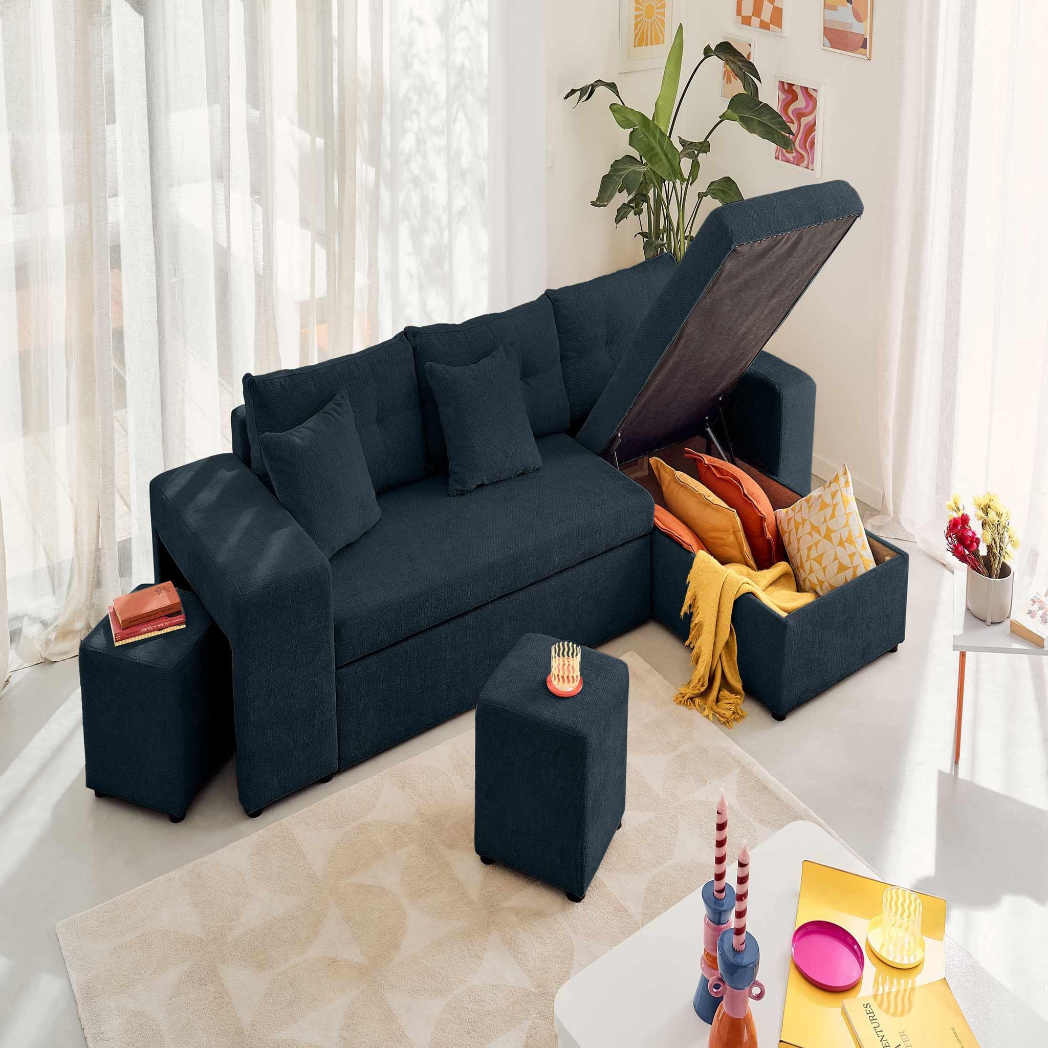 Voir la diapositive 3 : BEST MOBILIER California - canapé d'angle réversible 4 places - convertible avec coffre, étagère et poufs - en velours texturé
