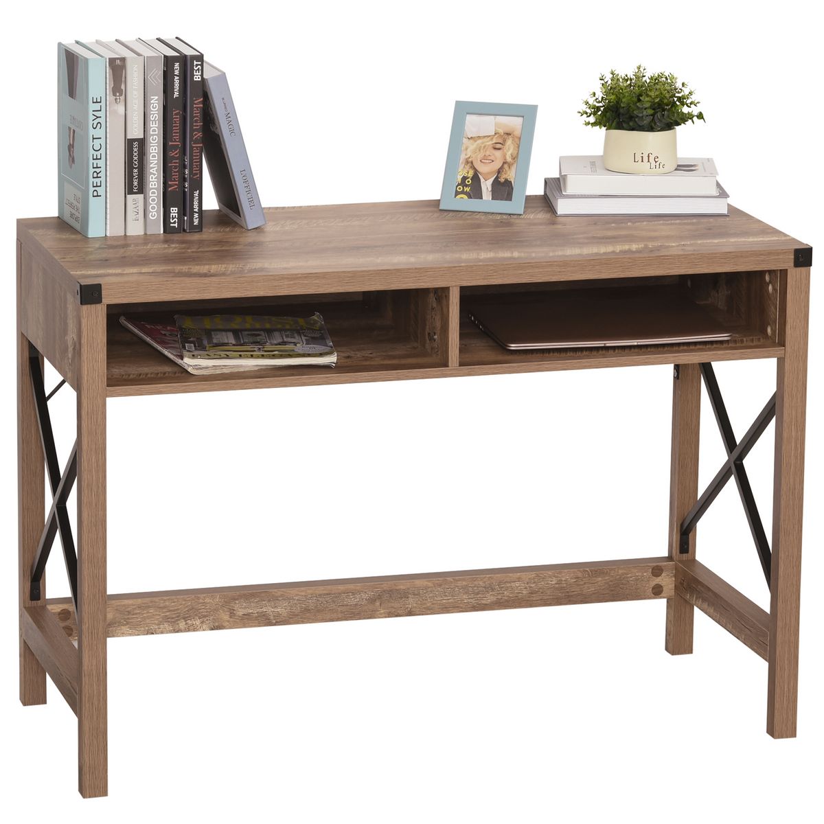HOMCOM Bureau design industriel grand plateau 2 niches métal noir panneaux particules imitation bois veinage marron
