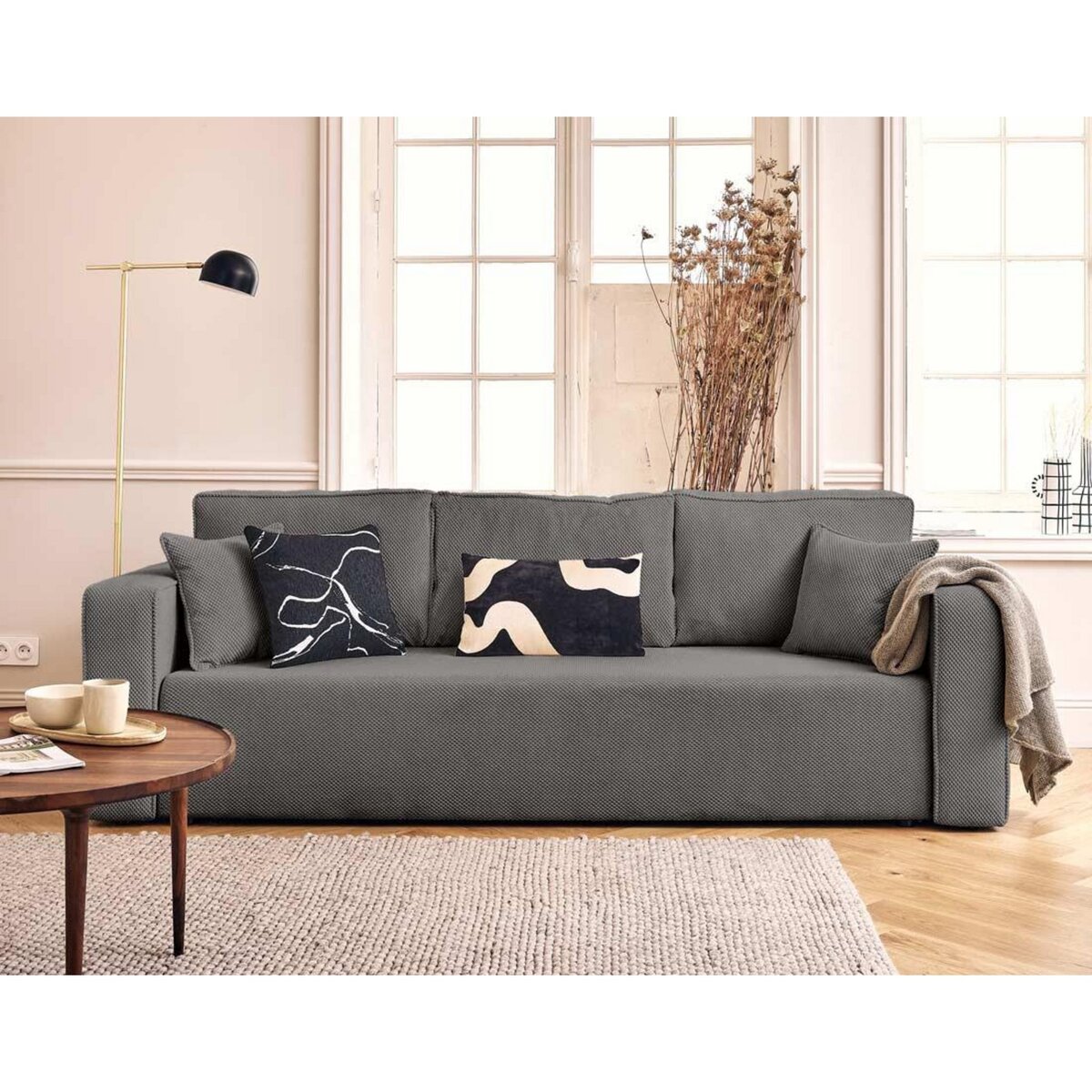 BEST MOBILIER Topaze - canapé droit 3 places convertible avec coffre en velours texturé